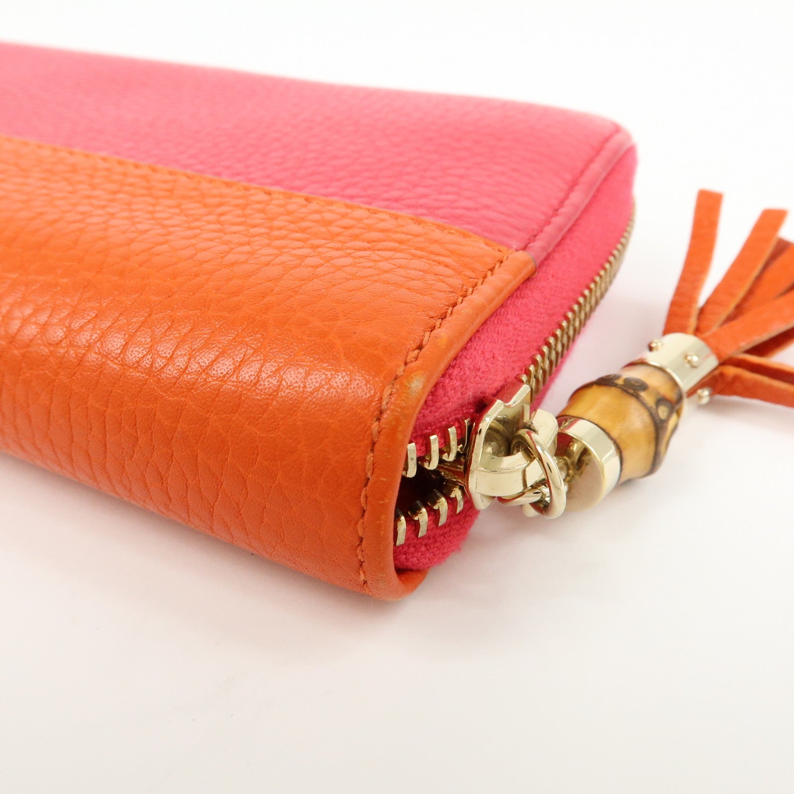 GUCCI Bamboo Leather Round Zippy Long Wallet Pink Orange 307984