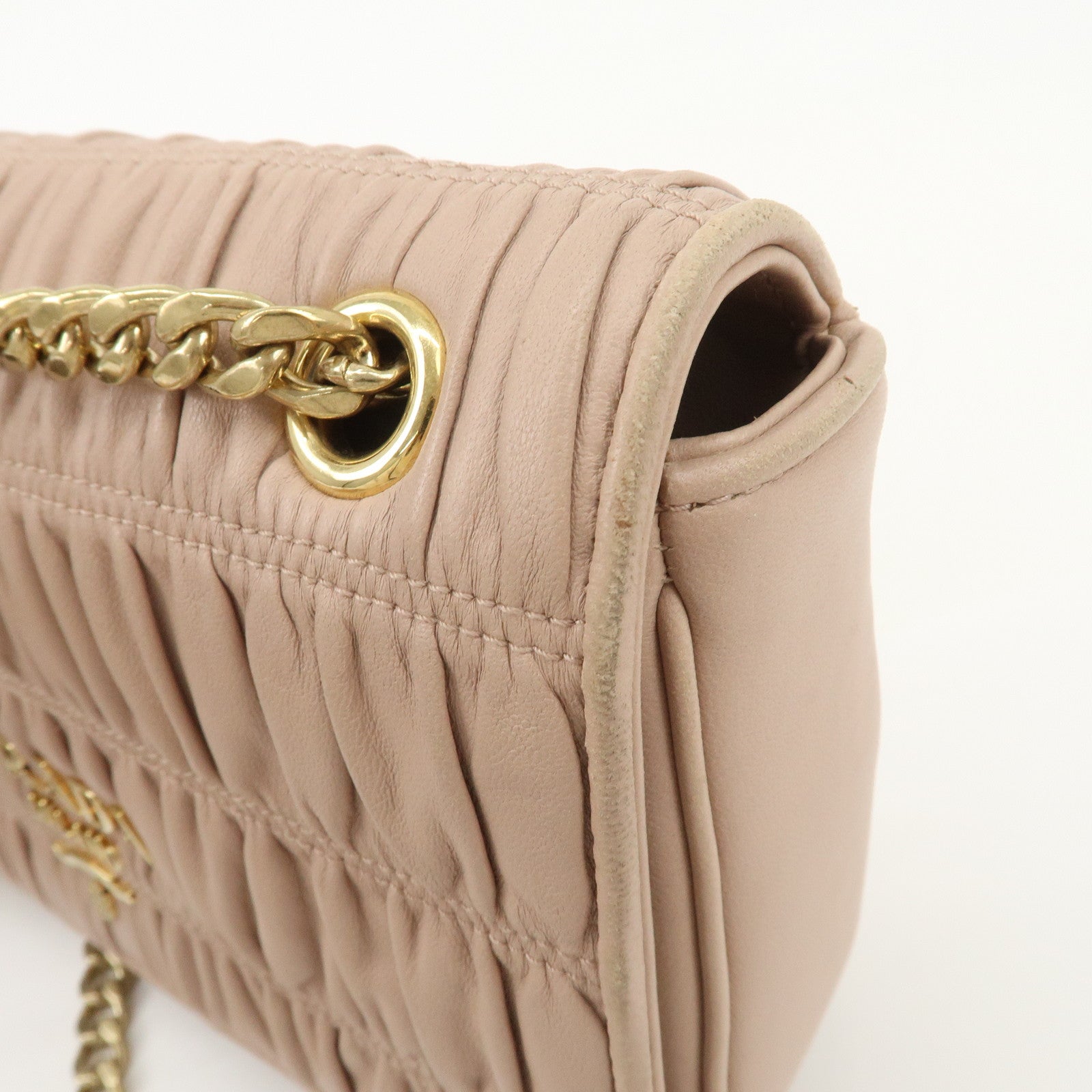 PRADA Logo Leather Gathered Chain Shoulder Bag Pink Beige 1BD147