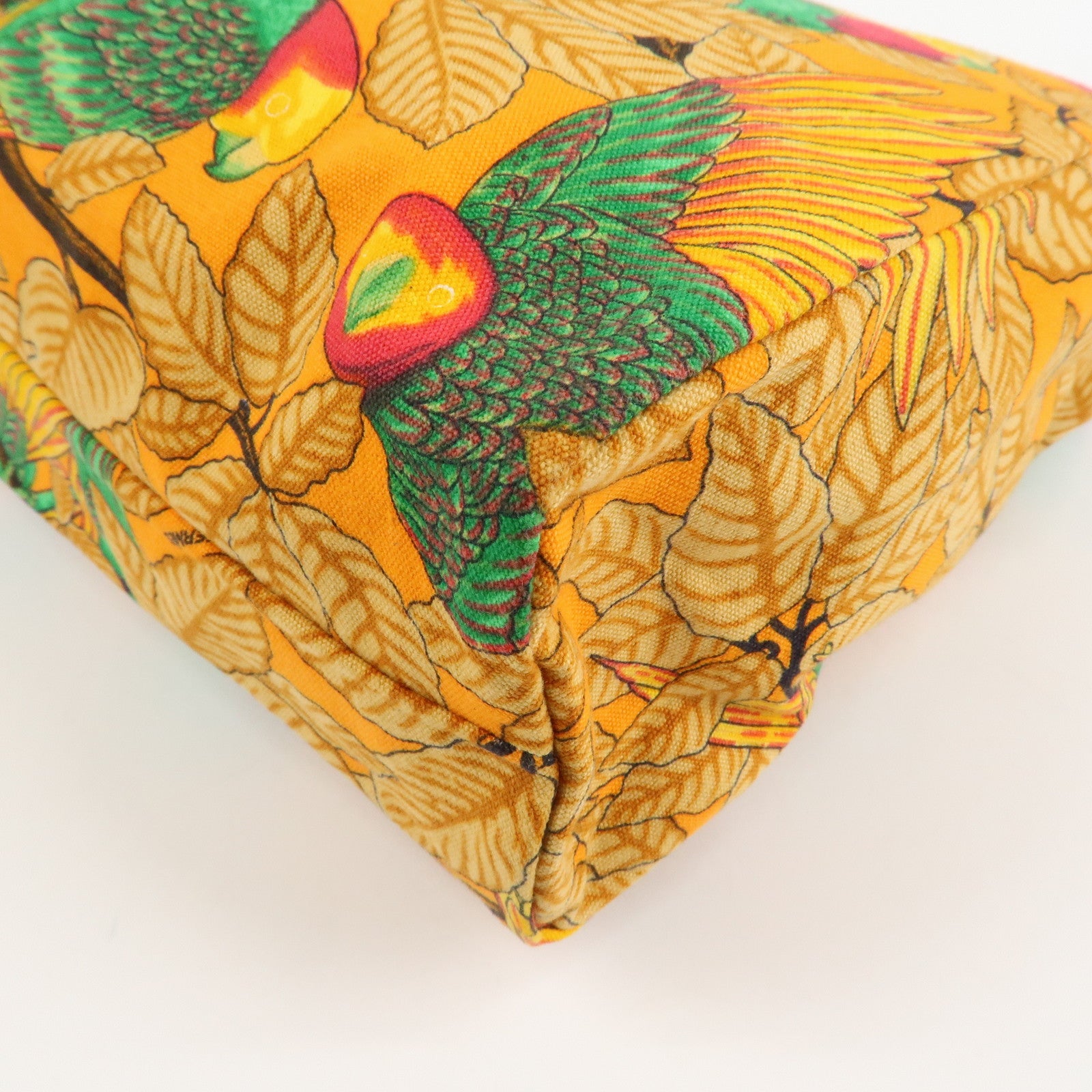 HERMES  Cotton Canvas Tote Bag Shoulder Bag Parrot Pattern Orange Green Used