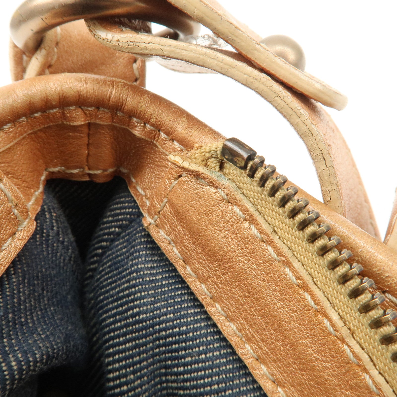 CELINE Macadam Leather Denim Shoulder Bag Hand Bag Beige Navy Used