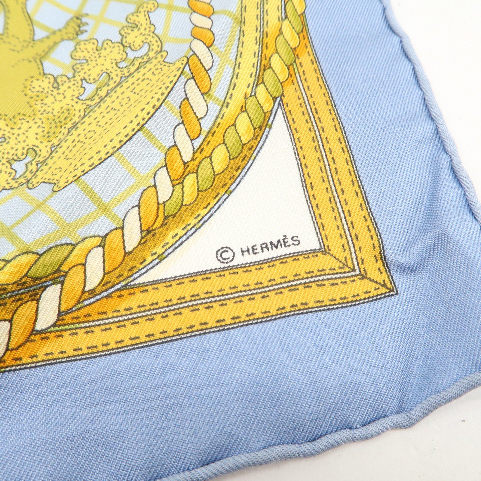 HERMES Carre 40 Silk 100% Scarf GRANDE TENU Blue Yellow