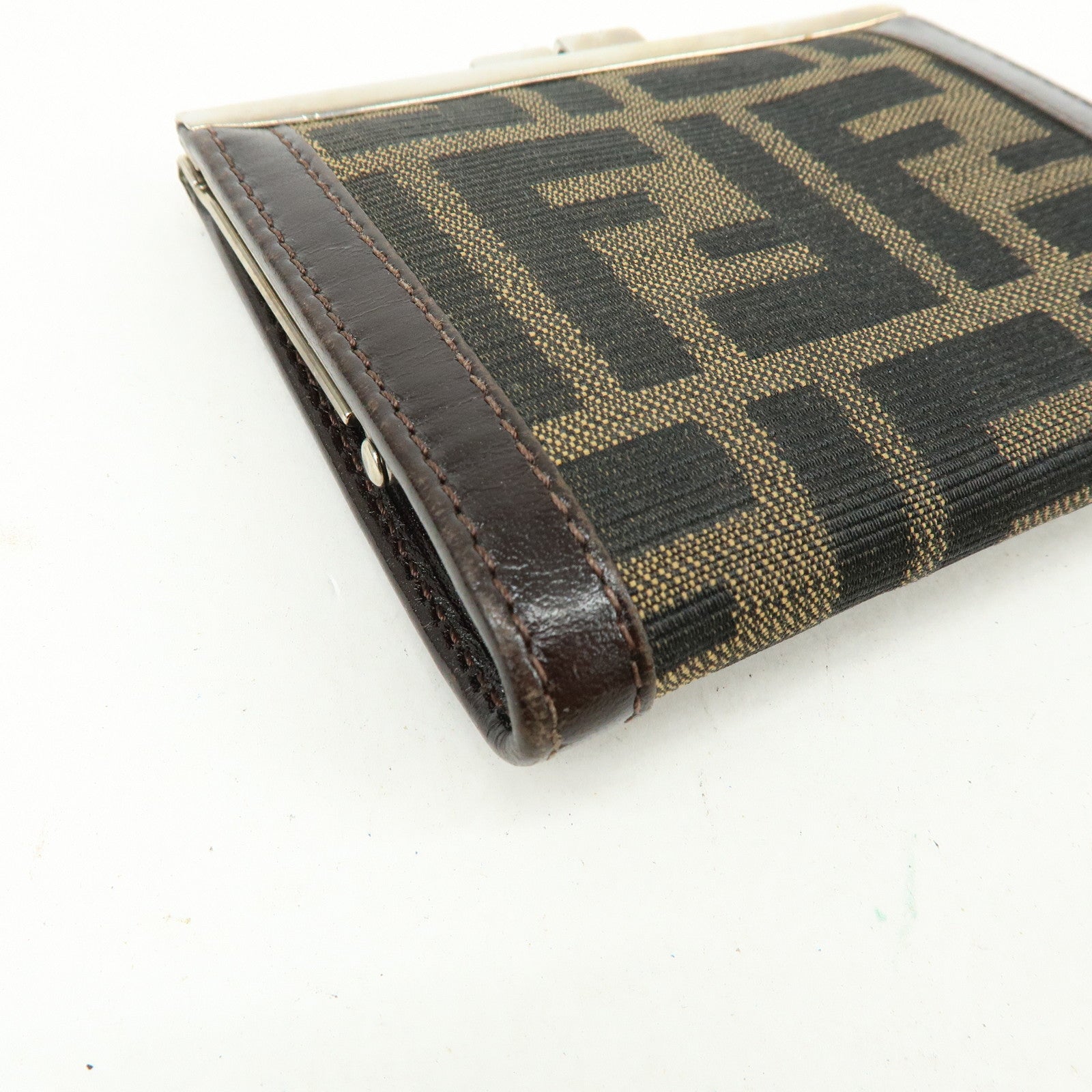 FEND Zucca Canvas Leather Compact Wallet Coin Case Brown