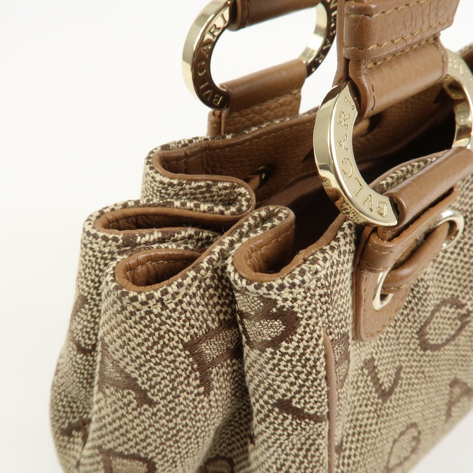 BVLGARI Logo Mania Jacquard Leather Hand Bag Tote Bag Beige