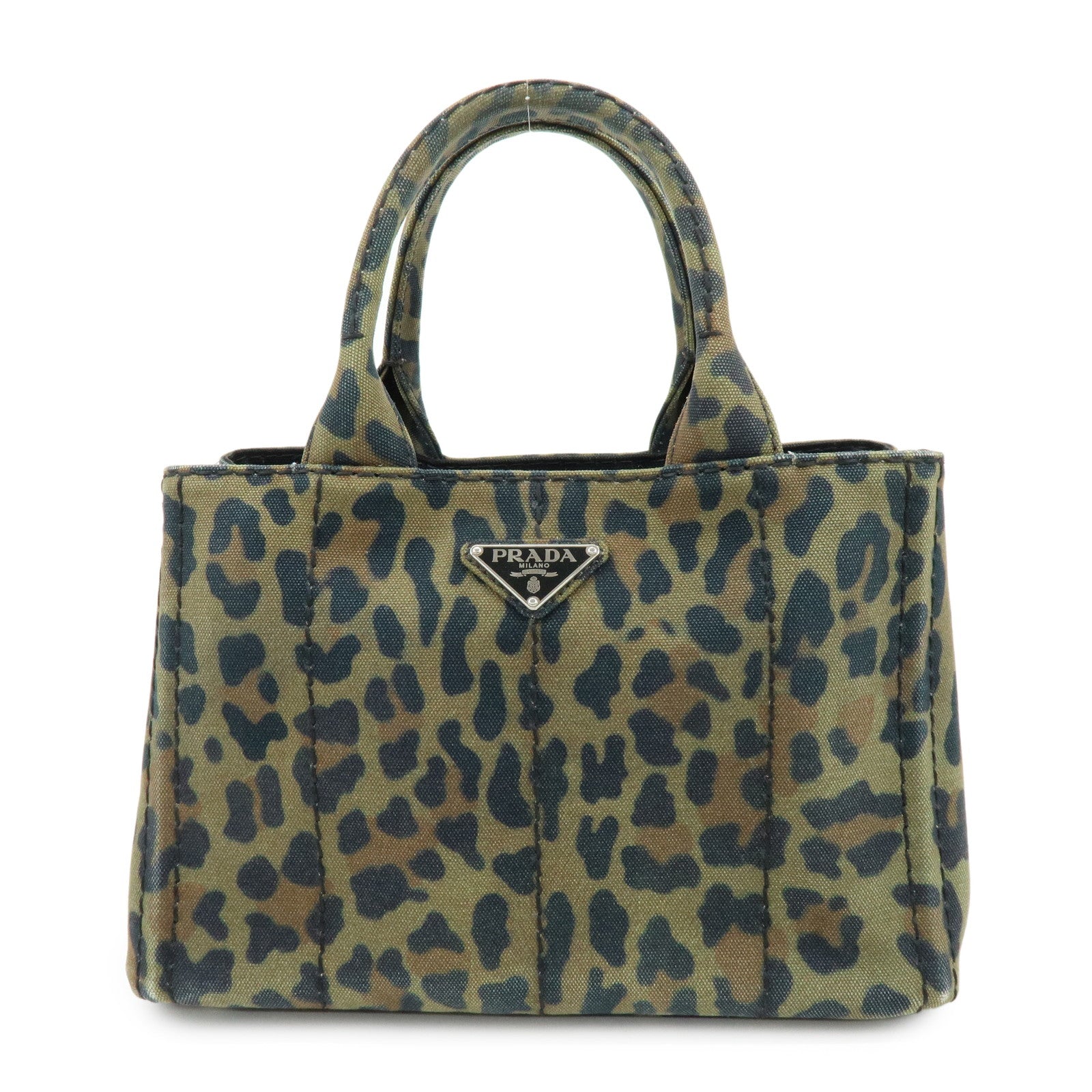 PRADA Canapa Mini Leopard Canvas 2Way Bag Hand Bag Khaki 1BG439