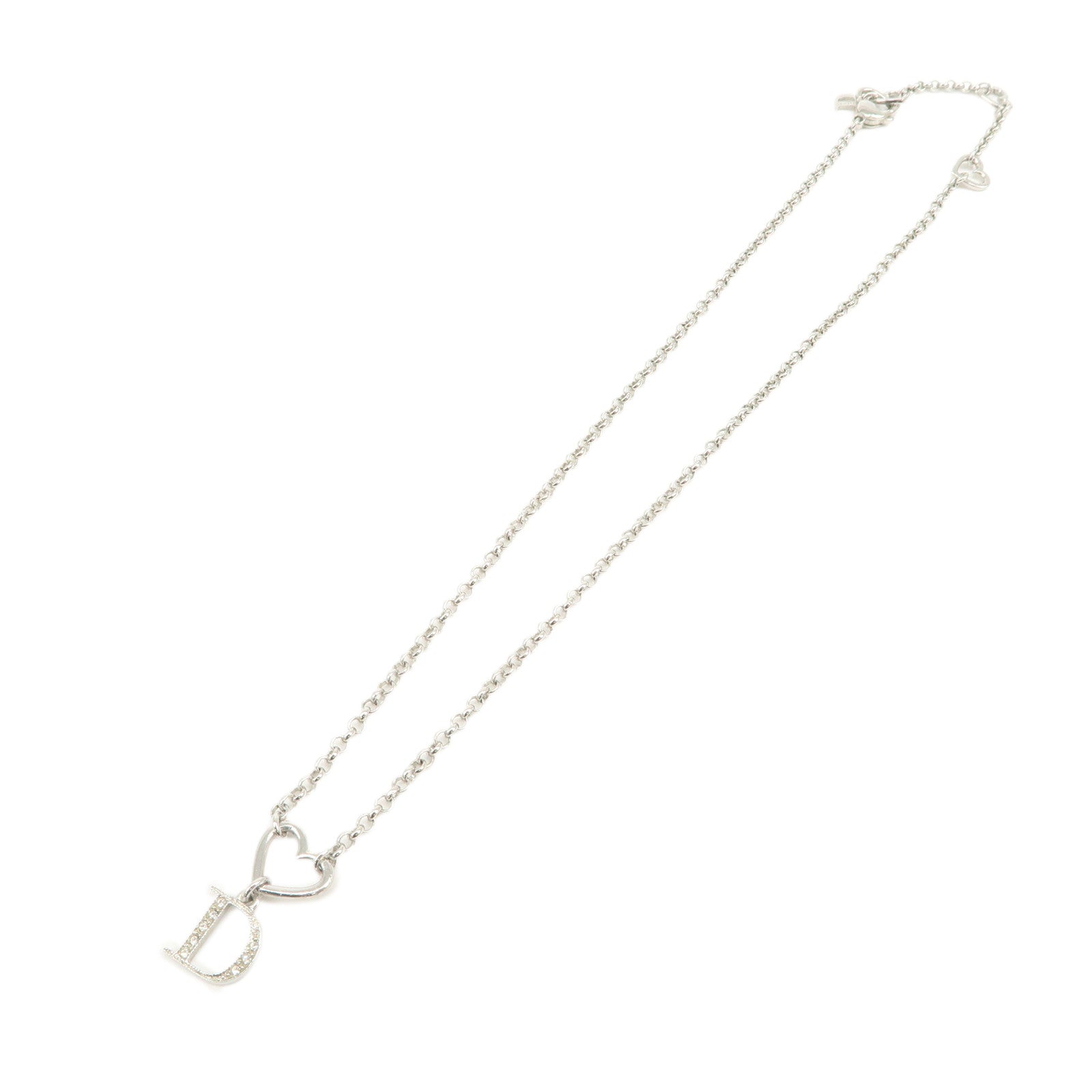 Christian Dior D Logo Heart Pendant Metal Necklace Silver