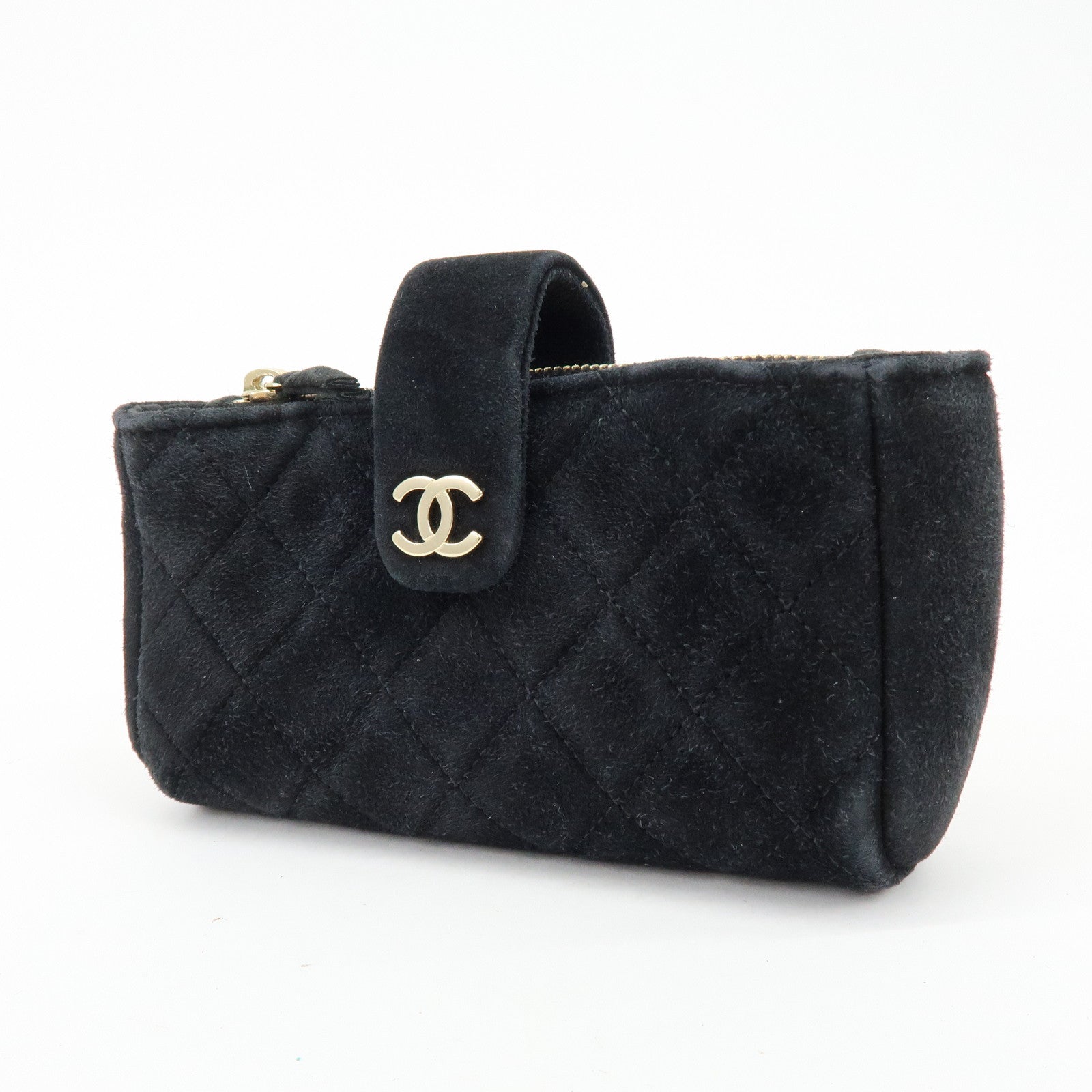 CHANEL Matelasse COCO Mark Suede Cosmetic Makeup Pouch Black