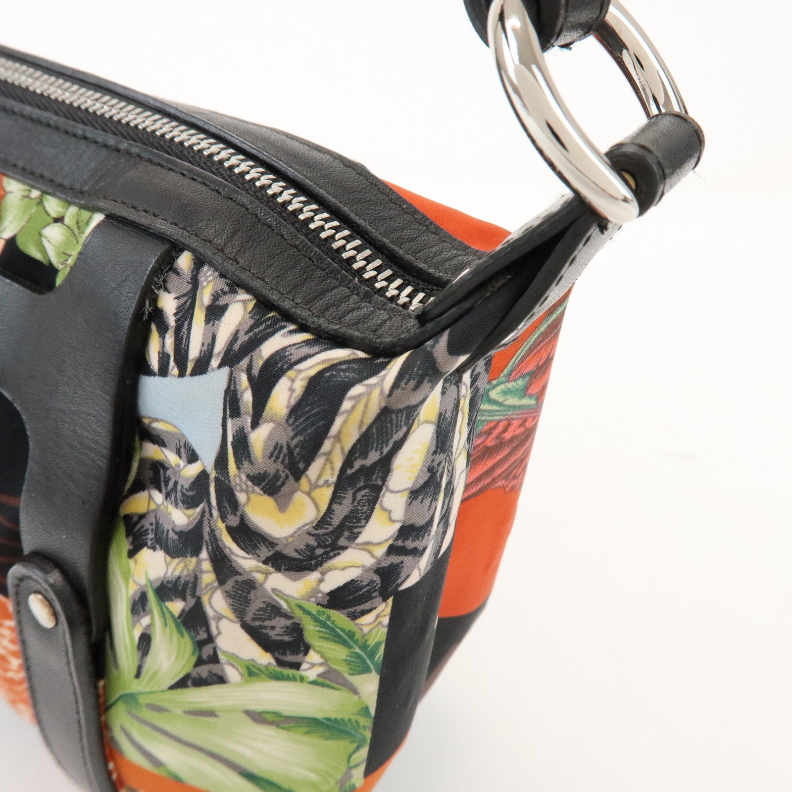 Ferragamo Nylon Leather Shoulder Bag Black Multicolor Animal