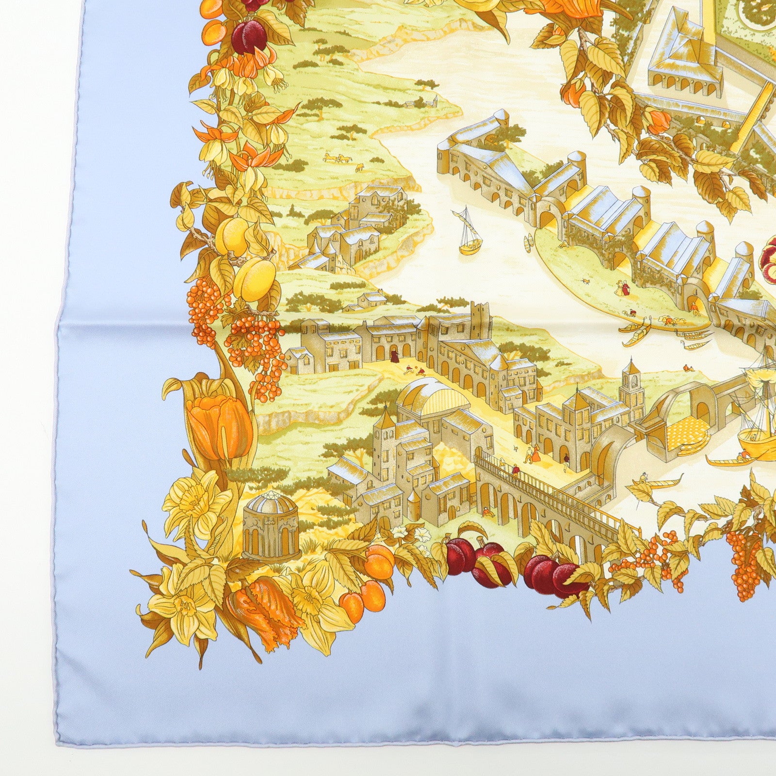HERMES Carre 90 Silk 100% Scarf Au Pays de Cocagne Blue Brown