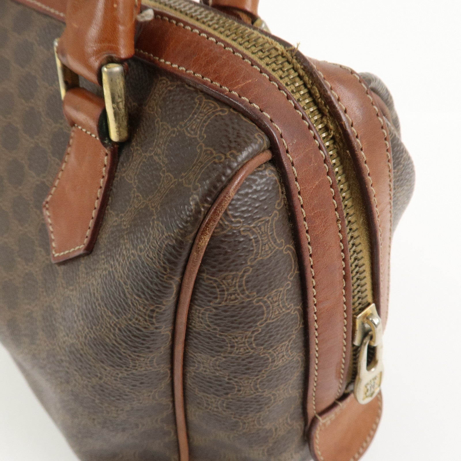 CELINE Macadam PVC Canvas Leather Boston Bag Hand Bag Brown