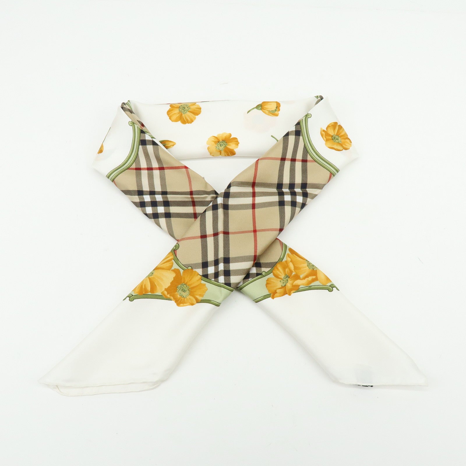 BURBERRY Nova Plaid Flower Motif Silk 100% Scarf Beige White Orange