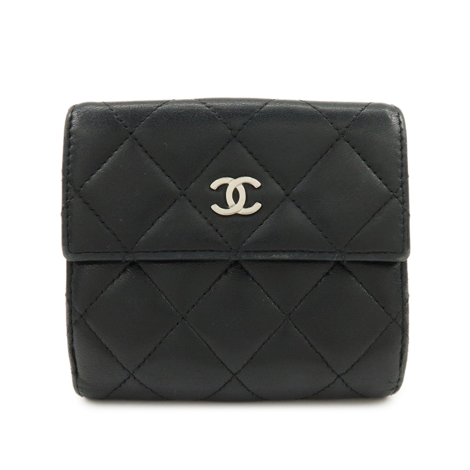 CHANEL Matelasse Lamb Skin Bi-fold Compact Wallet Black A48980