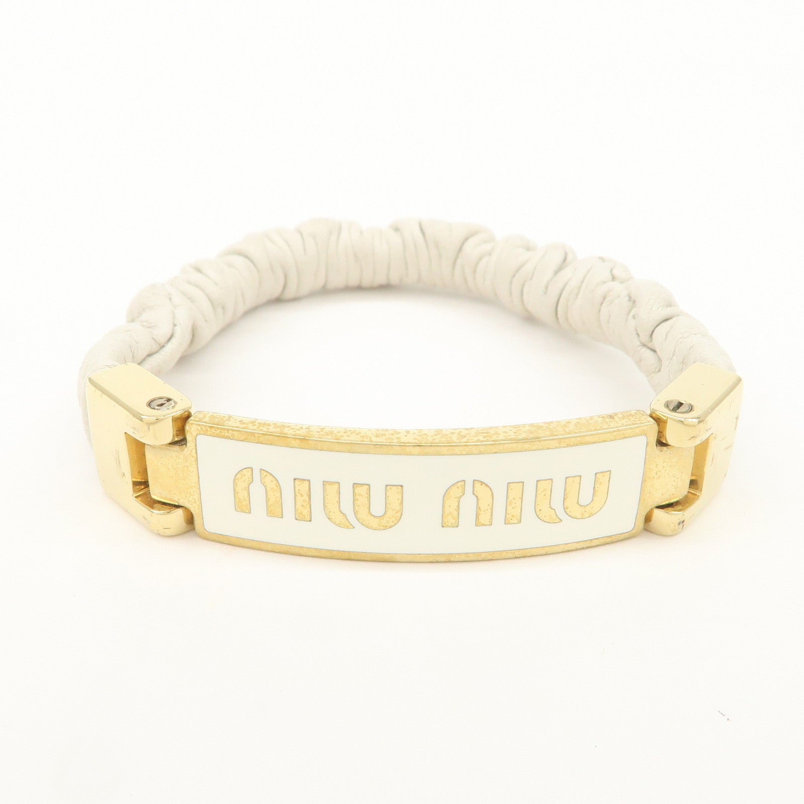 MIU MIU Leather Logo Plate Gathered Bracelet Ivory Gold 5IB425