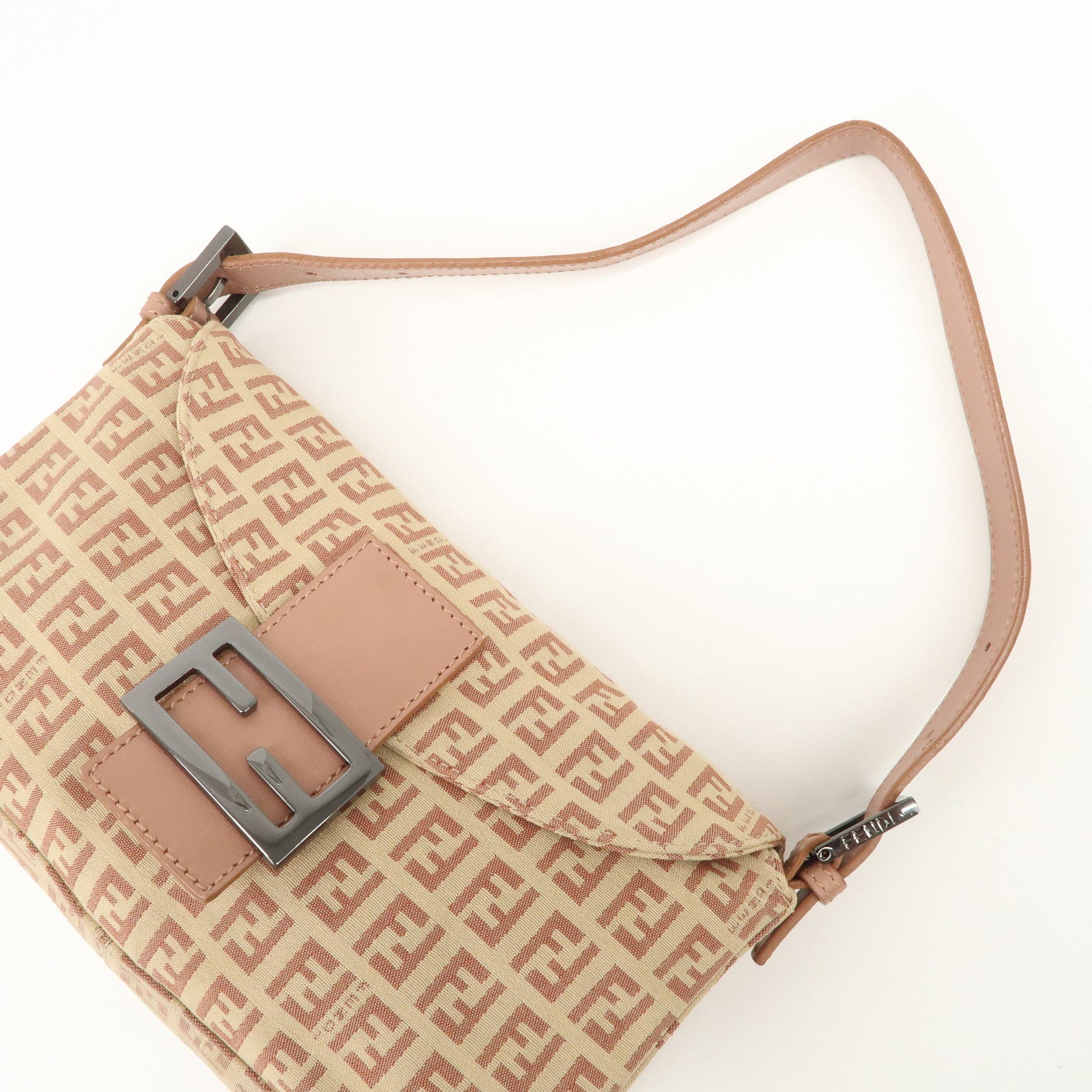 FENDI Mamma Baguette Zucchino Canvas Leather Pink Beige 8BR003 Used