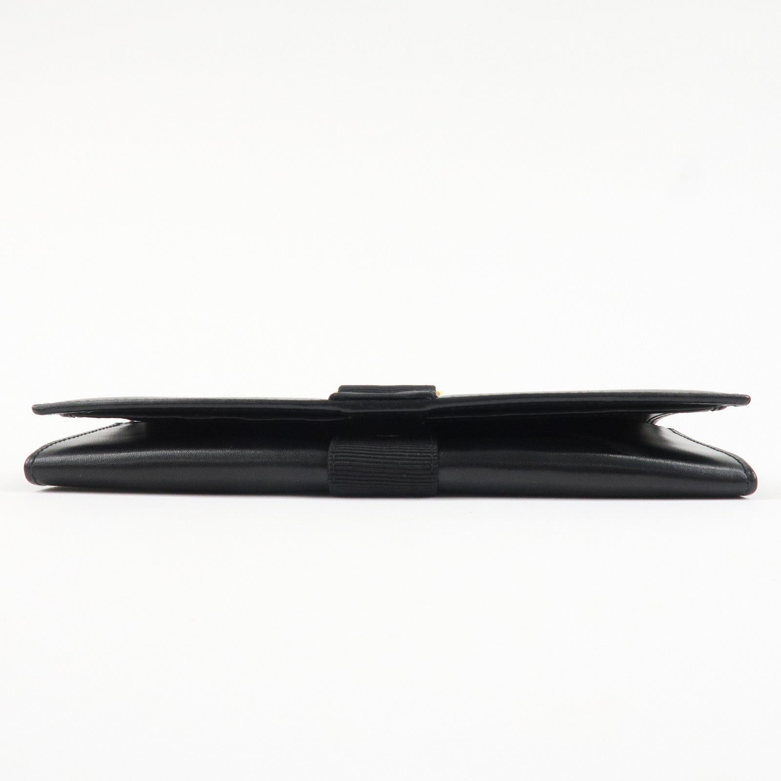 Ferragamo Vara Ribbon Leather Bi-fold Long Wallet Black Gold HDW Used