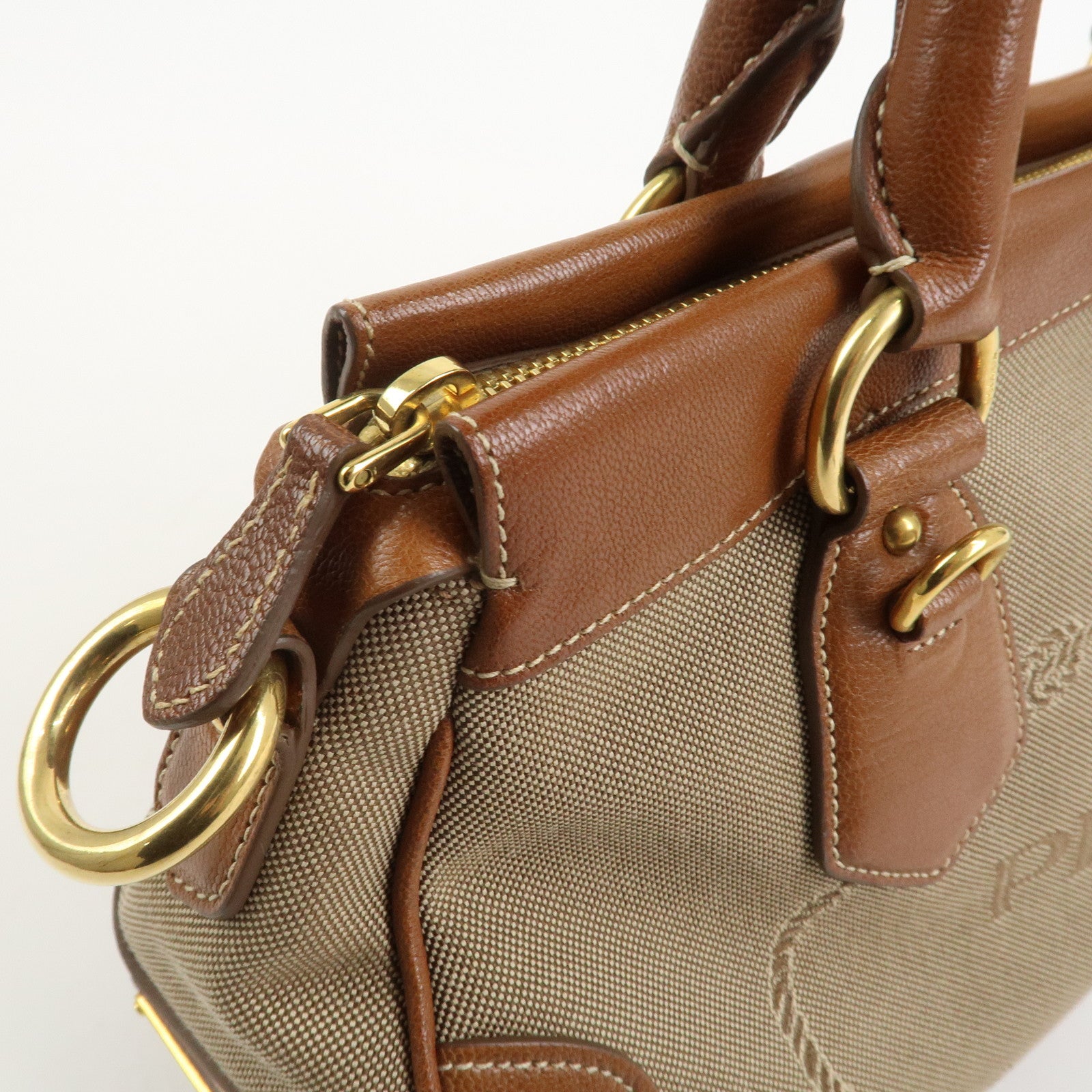 PRADA Logo Jacquard Leather 2Way Bag Hand Bag Brown BN1839