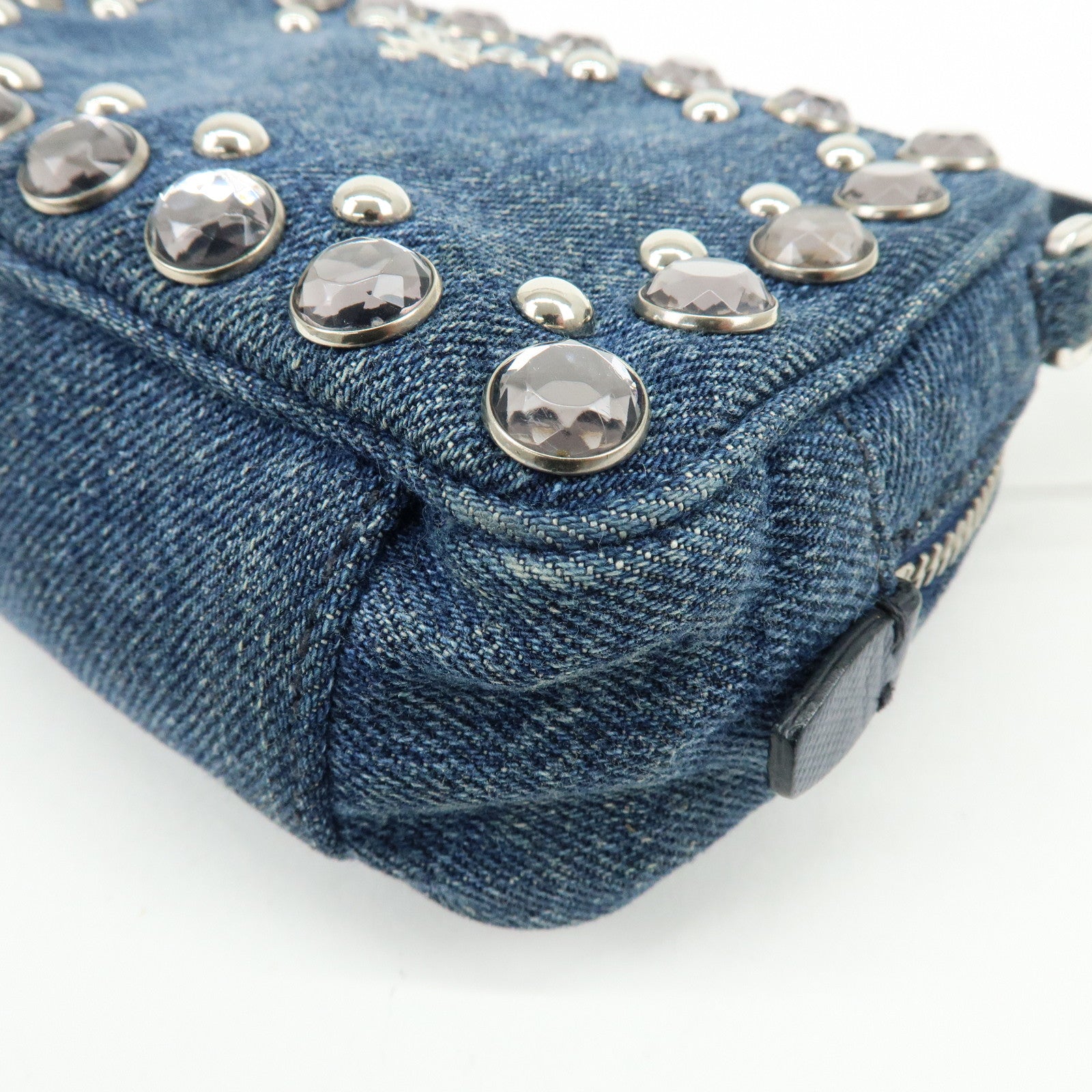 PRADA Logo Denim Shoulder Bag Crossbody Bag Rhinestone Blue