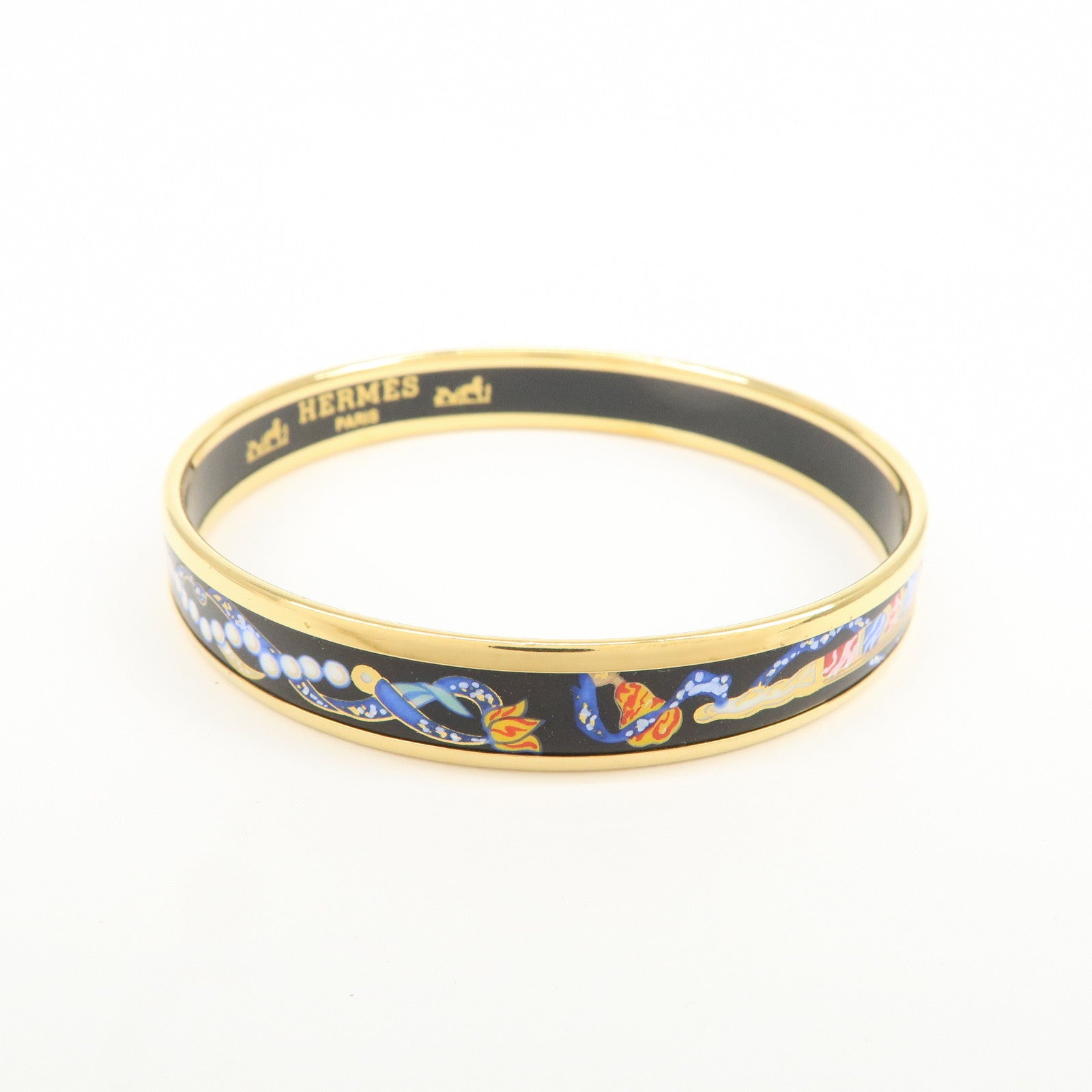 HERMES Email PM Gold Plated Bracelet Bangle Black Multicolor