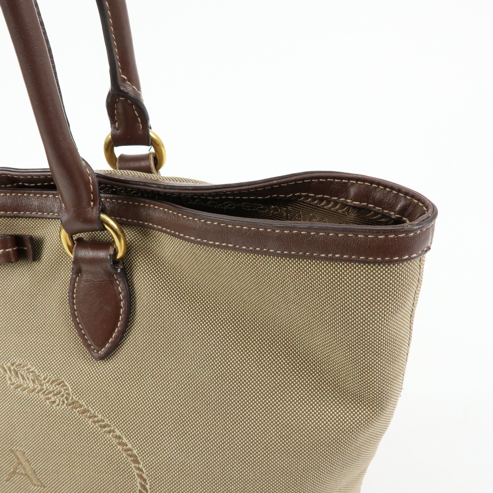 PRADA Triangle Logo Jacquard Leather Tote Bag Beige Brown 1BG158