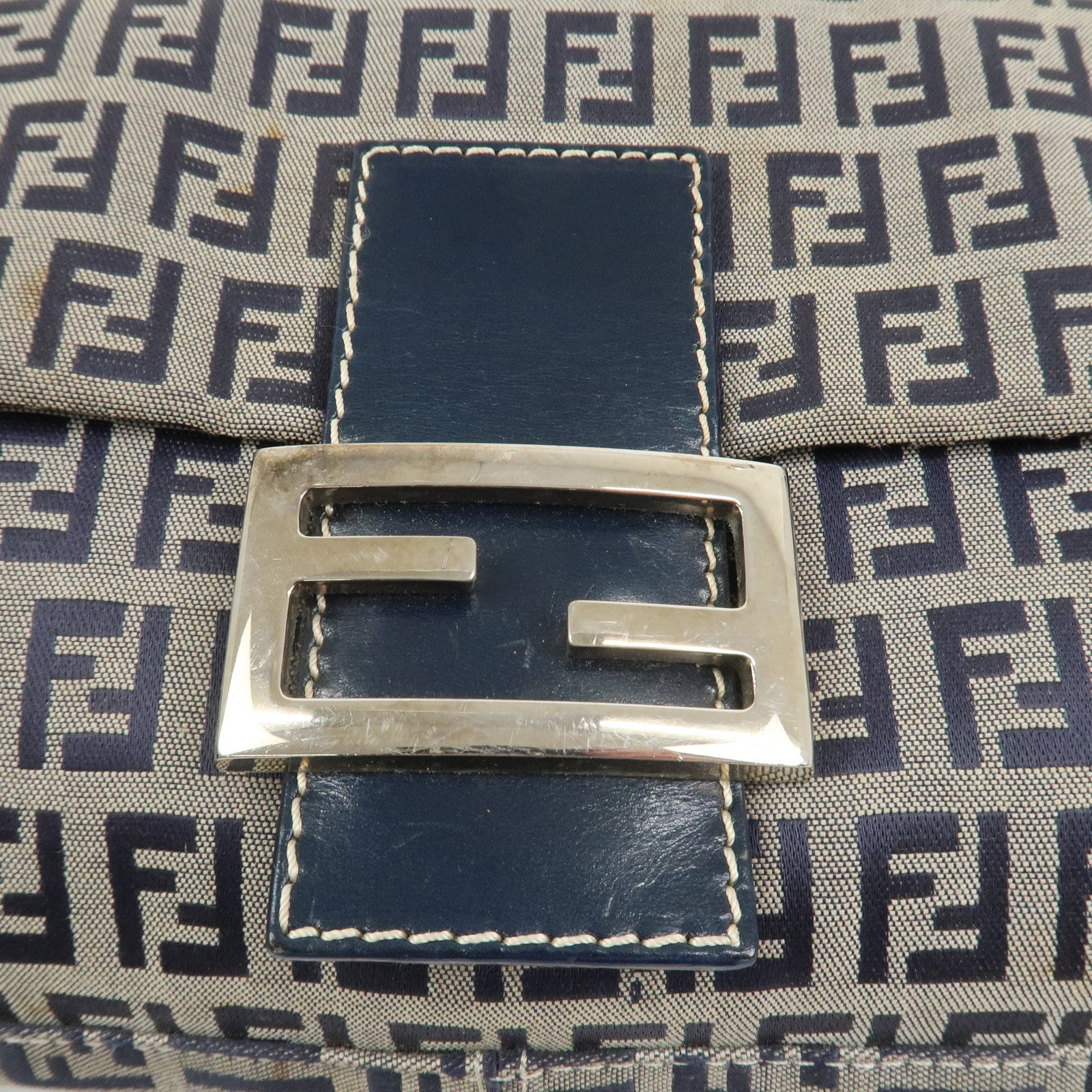FENDI Mamma Baguette Zucchino Canvas Shoulder Bag Navy 26424