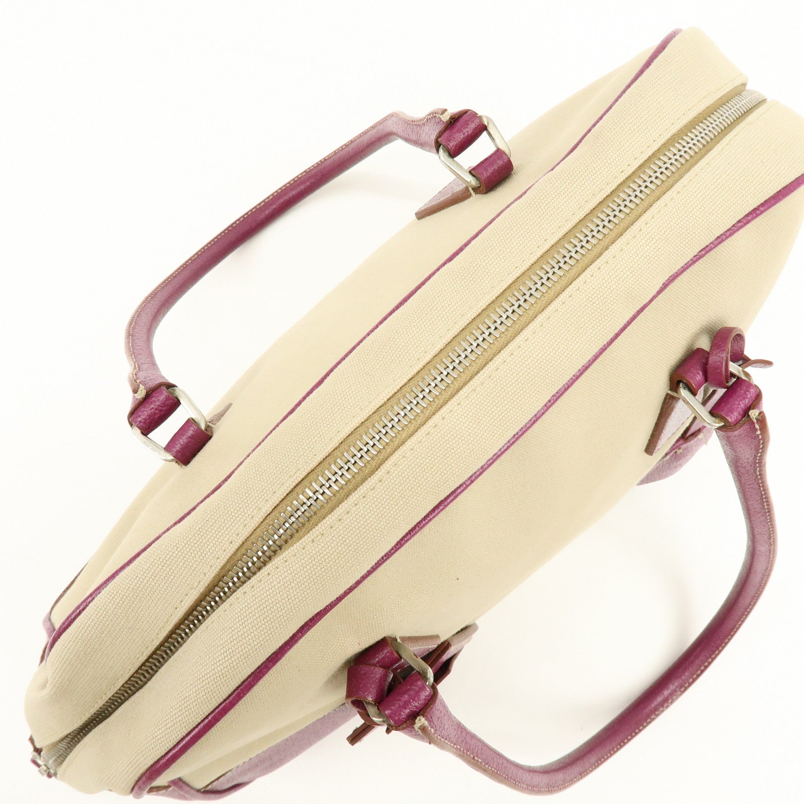 PRADA Triangle Logo Canvas Leather Bowling Bag Natural Purple