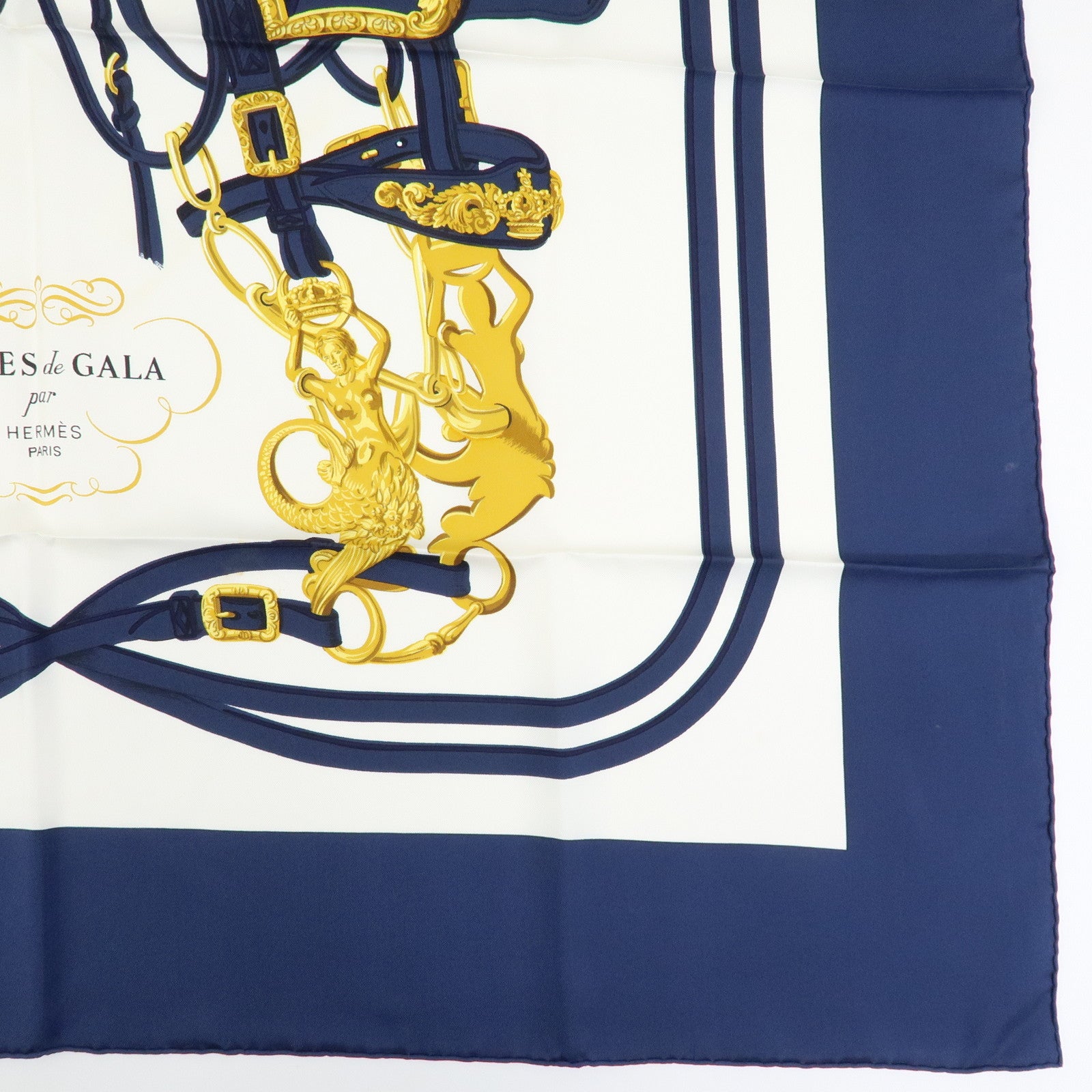 HERMES Carre 90 Silk 100% Scarf BRIDES DE GALA Navy Gold