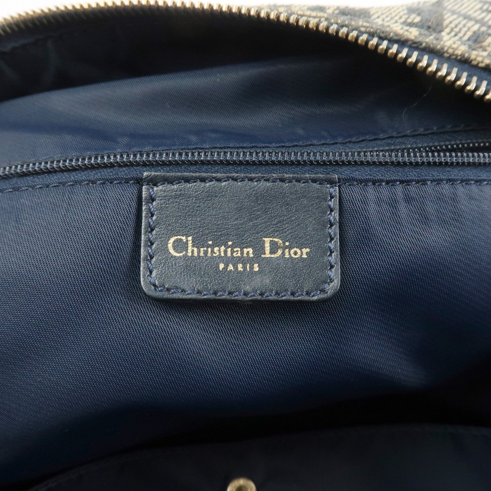 Christian Dior Trotter Jacquard Canvas Leather Boston Hand Bag Navy