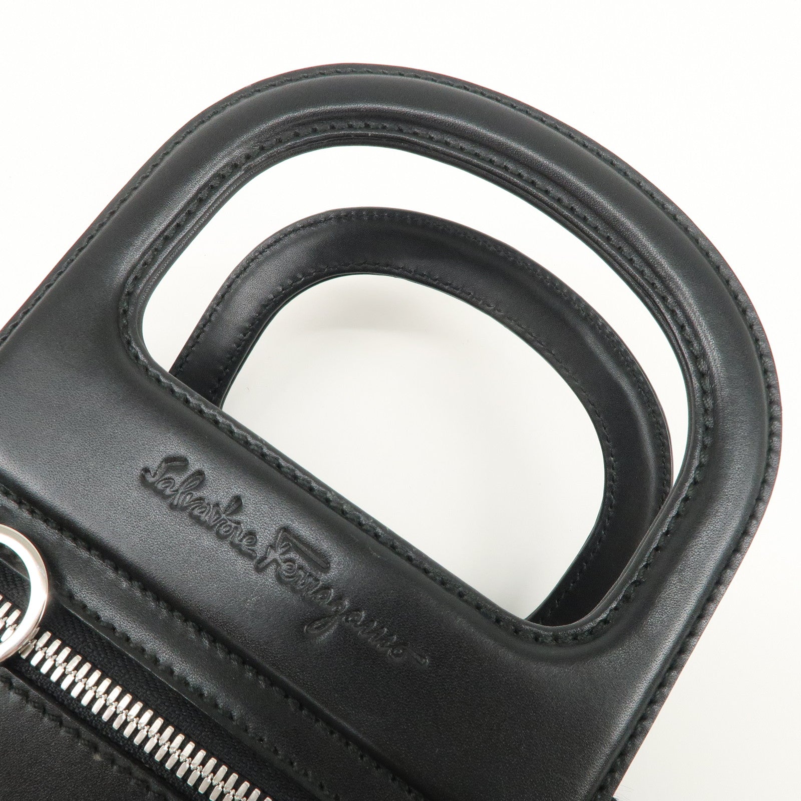 Ferragamo Gancini Leather Unborn Calf Hand Bag Black Used