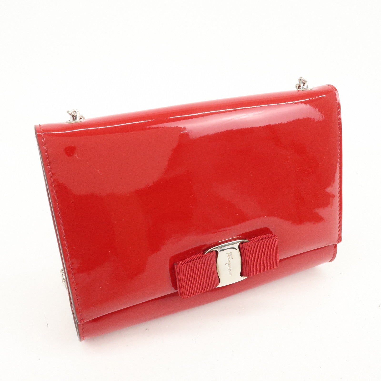 Ferragamo Vara Ribbon Patent Leather Shoulder Bag Crossbody Bag Red