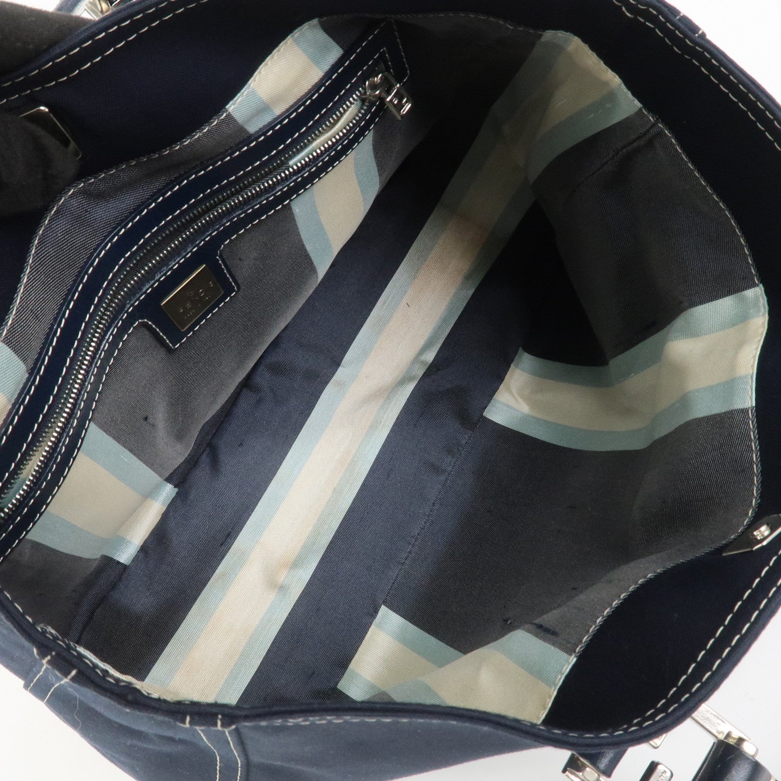 FENDI Canvas Leather Hand Bag Tote Bag Navy 26693