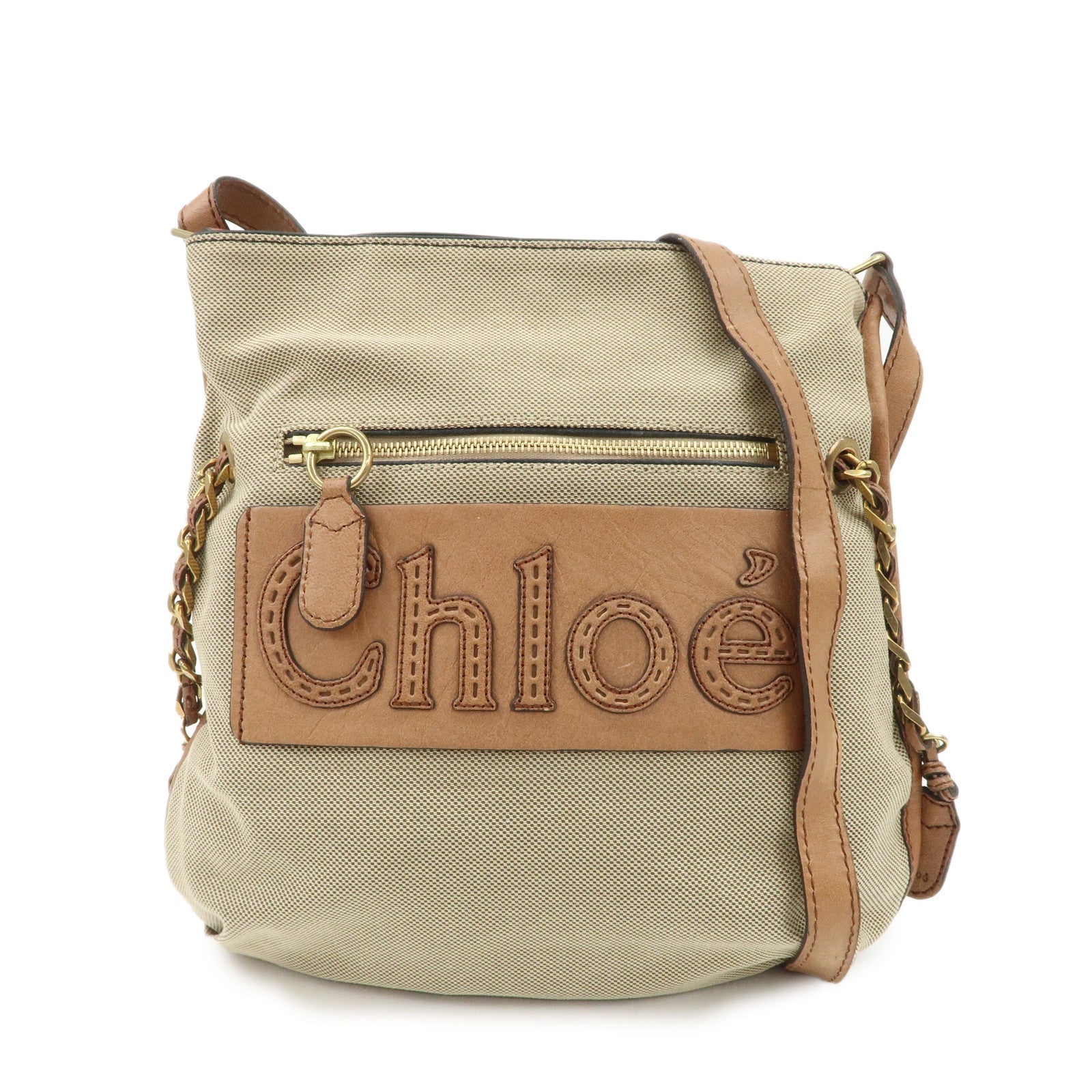 Chloe Leather Canvas Shoulder Bag Crossbody Bag Beige Brown Khaki