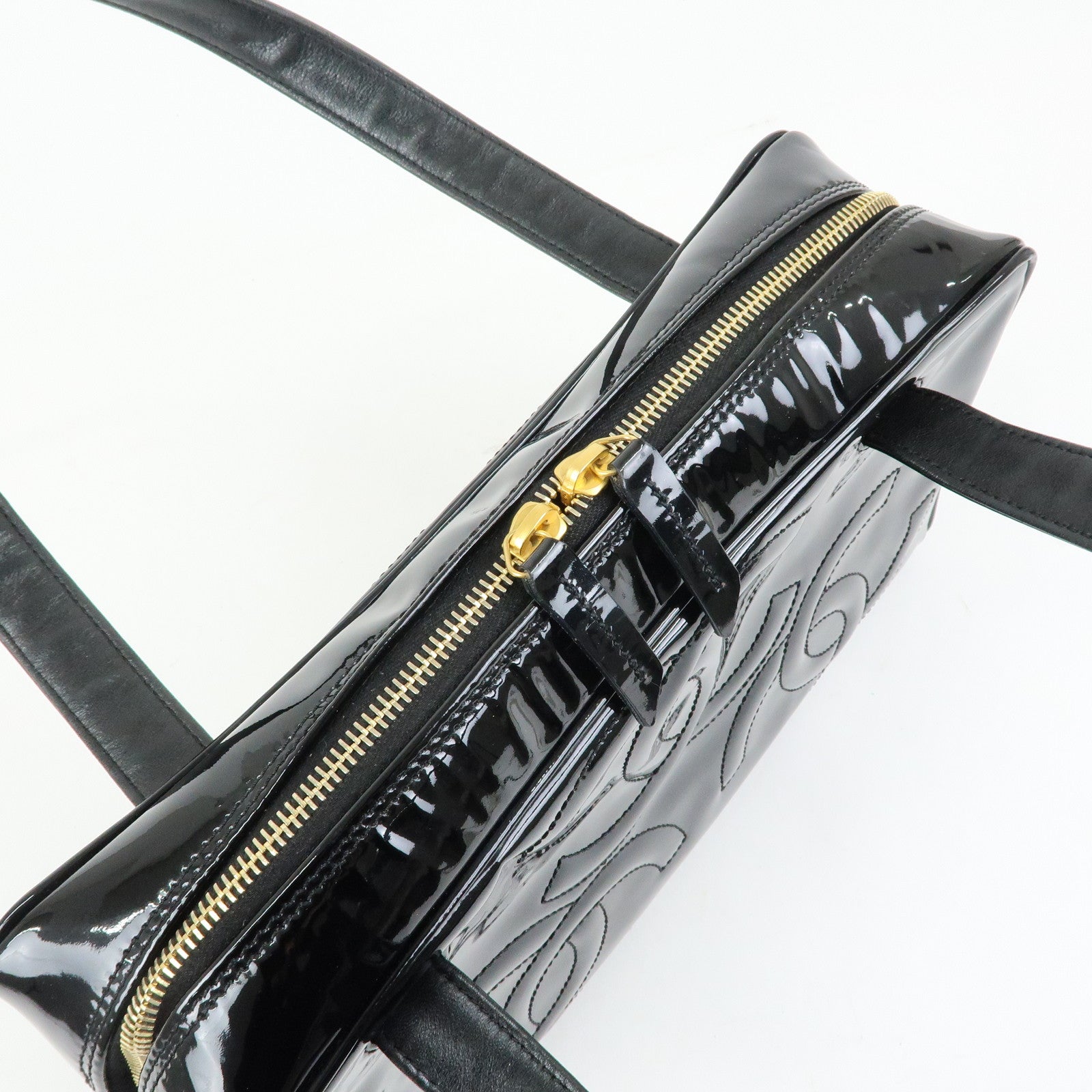 CHANEL Triple COCO Mark Patent Leather Tote Bag Hand Bag Black