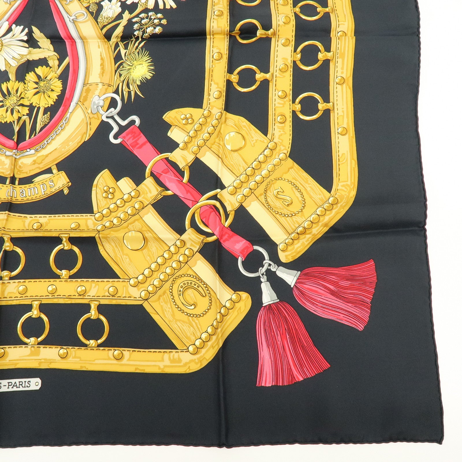 HERMES Carre 90 Silk 100% aux champs Scarf Black Yellow Red