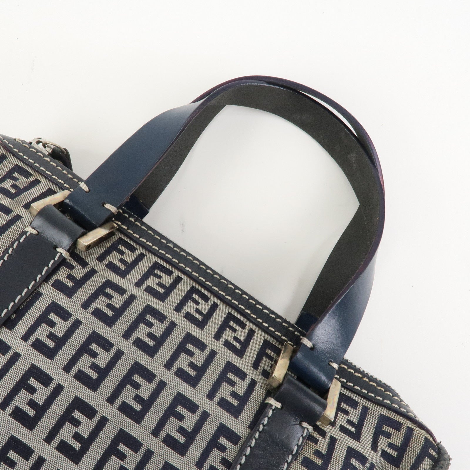 FENDI Zucchino Canvas Leather Hand Bag Mini Boston Bag Navy 16327