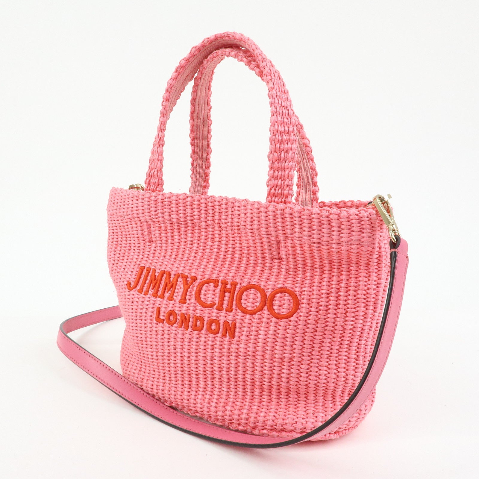 JIMMY CHOO Raffia Leather Beach Tote East West Mini 2Way Bag Pink