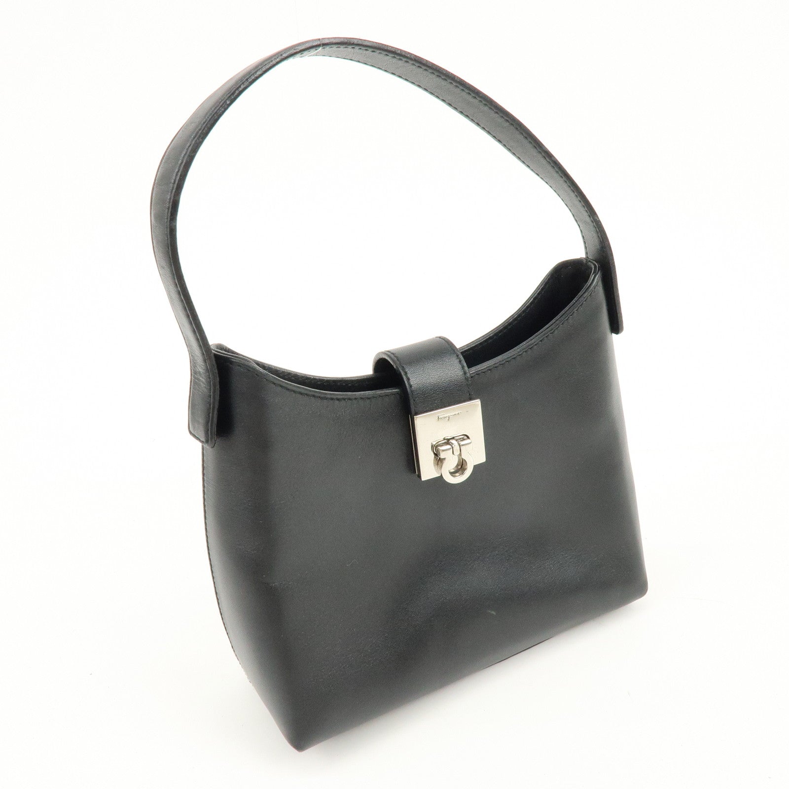 Ferragamo Gancini Leather Hobo Hand Bag Black