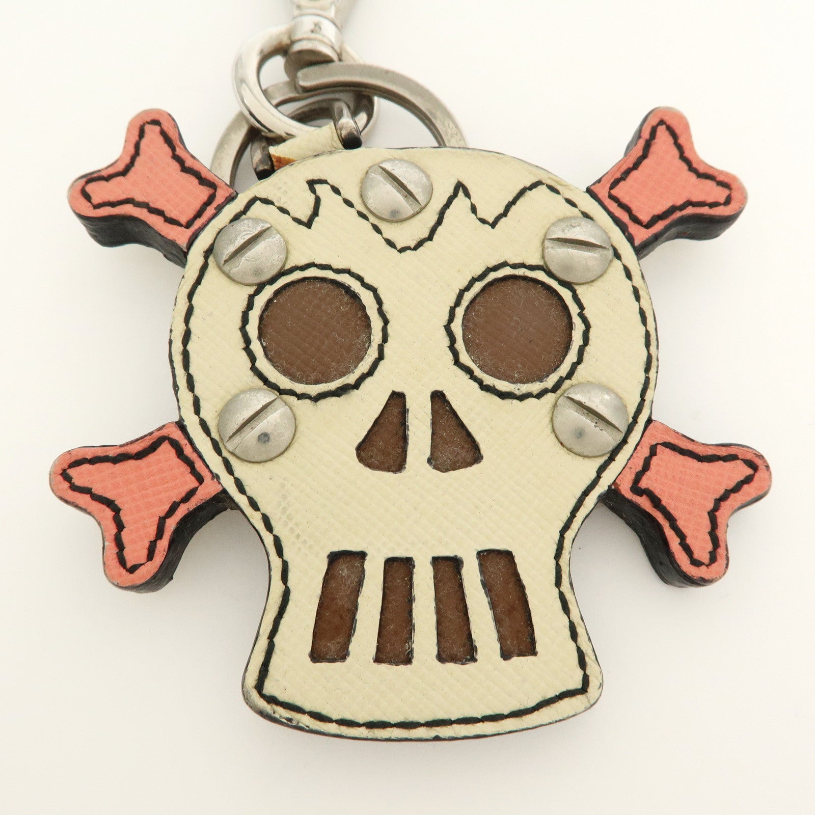 PRADA Saffiano Leather Metal Skull Bag Key Charm Key Holder Ivory
