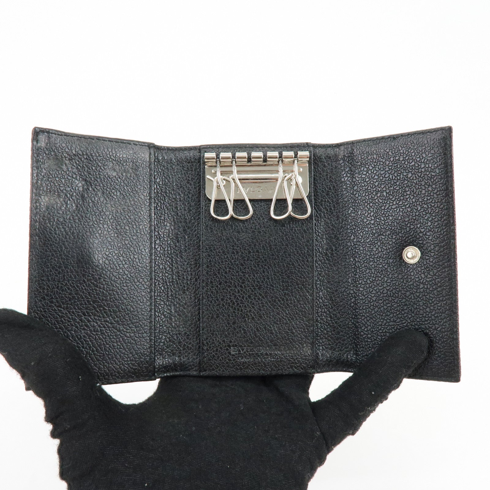 BVLGARI Millerighe Set of 2 PVC Leather Card Case Key Case Black