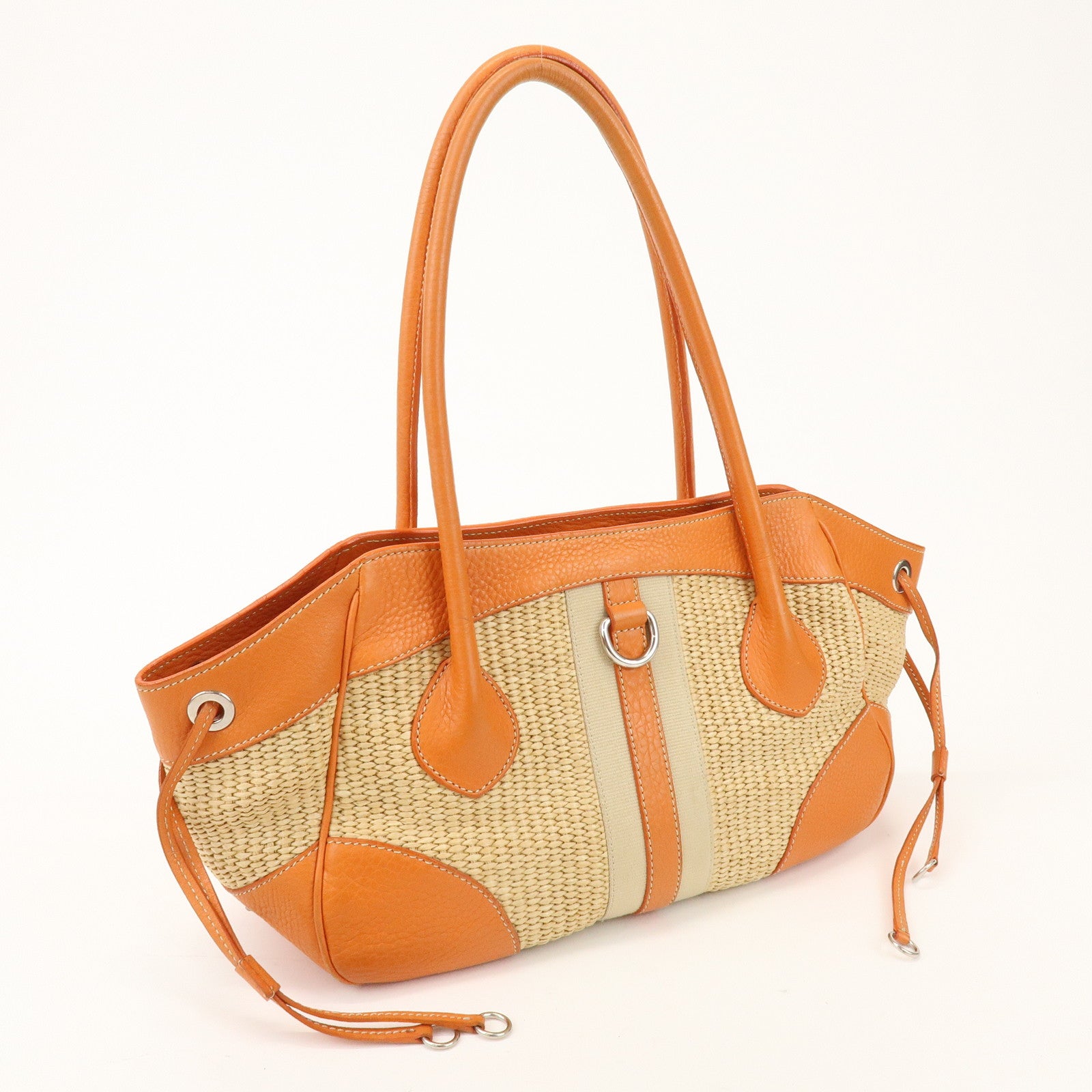 PRADA Triangle Logo Raffia Leather Shoulder Bag Natural Orange