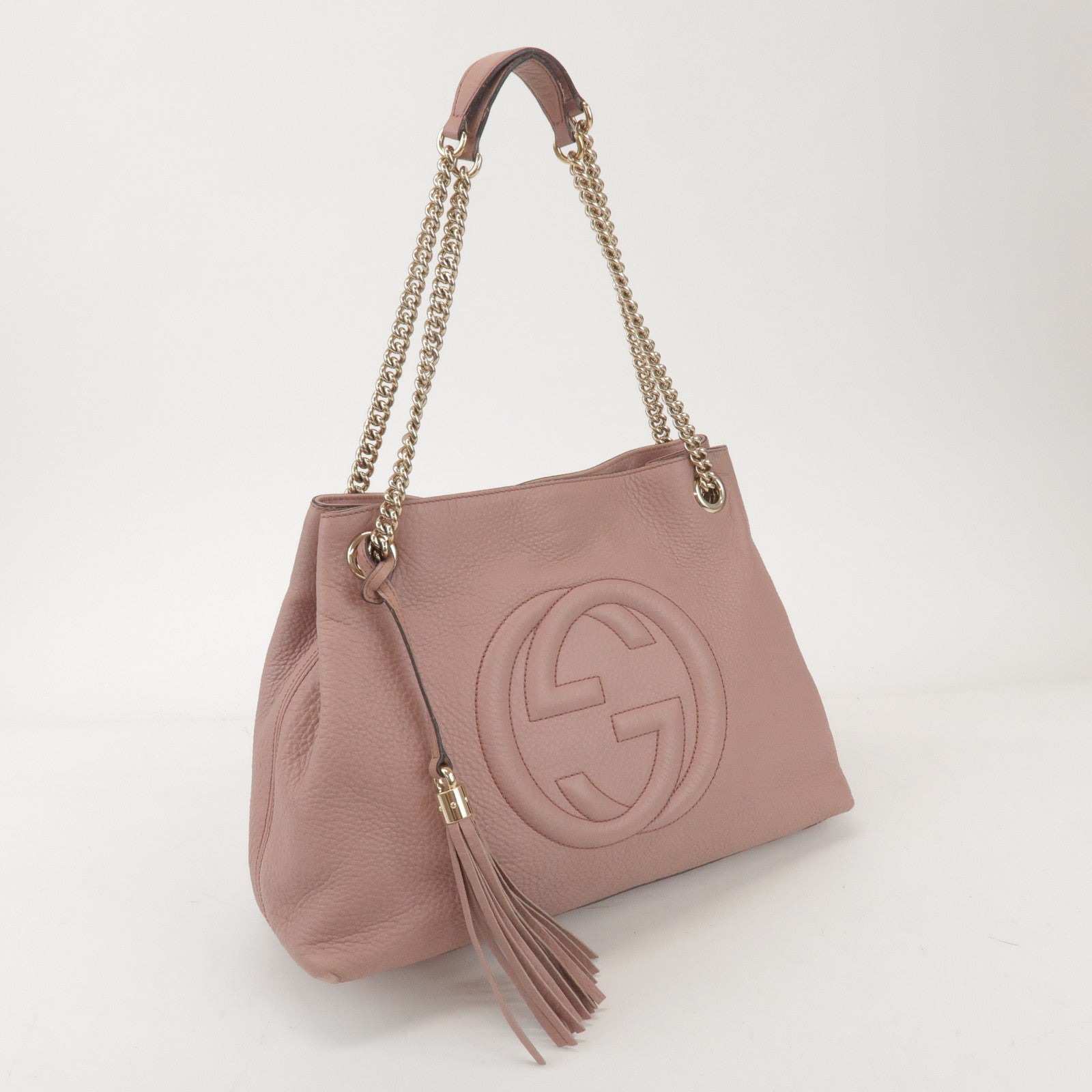 GUCCI SOHO Leather Chain Shoulder Bag Fringe Charm Pink 308982