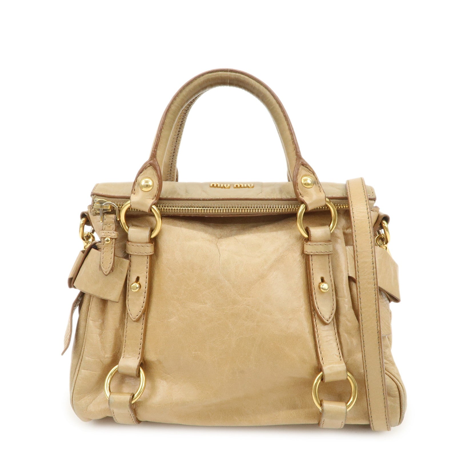 MIU MIU Logo Leather 2Way Bag Hand Bag Shoulder Bag Beige RT0438