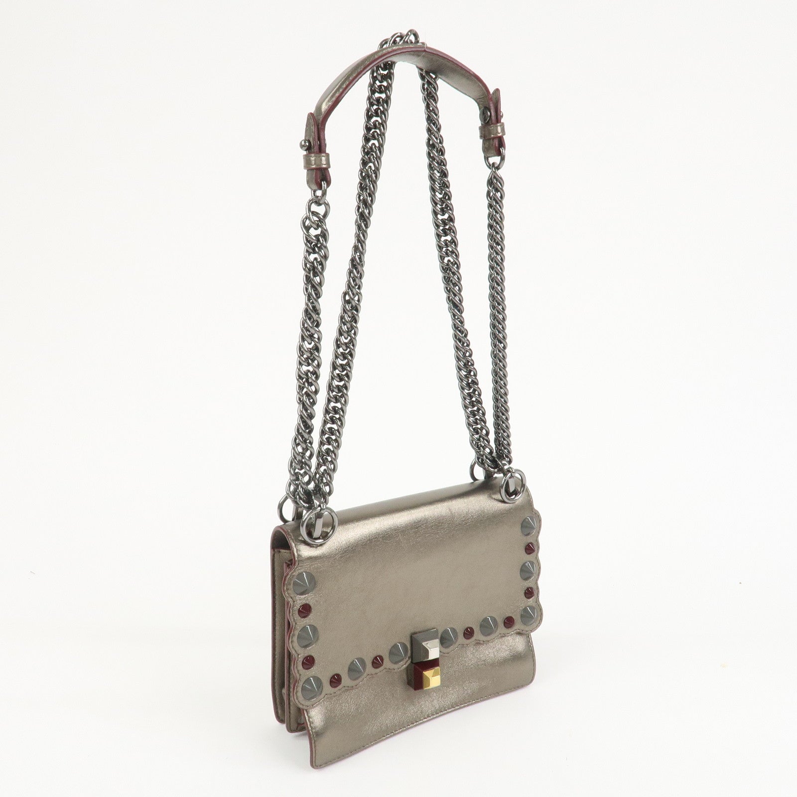 FENDI Mini Kan I Leather Chain Shoulder Bag Metallic Gray 8M0381