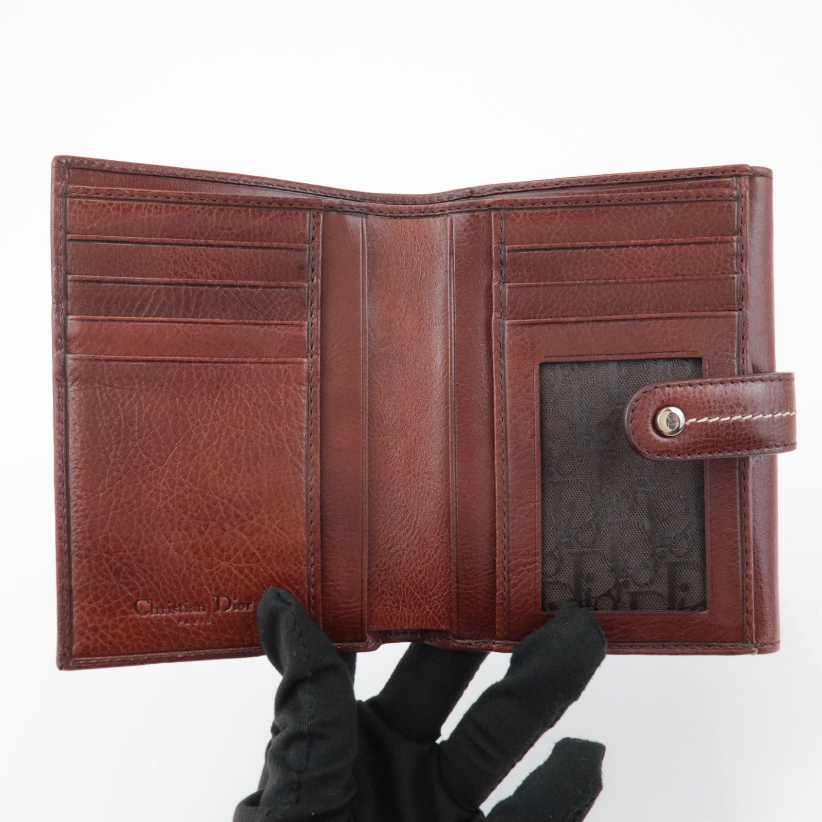 Christian Dior Leather Flower Embroidery Motif Compact Wallet Brown