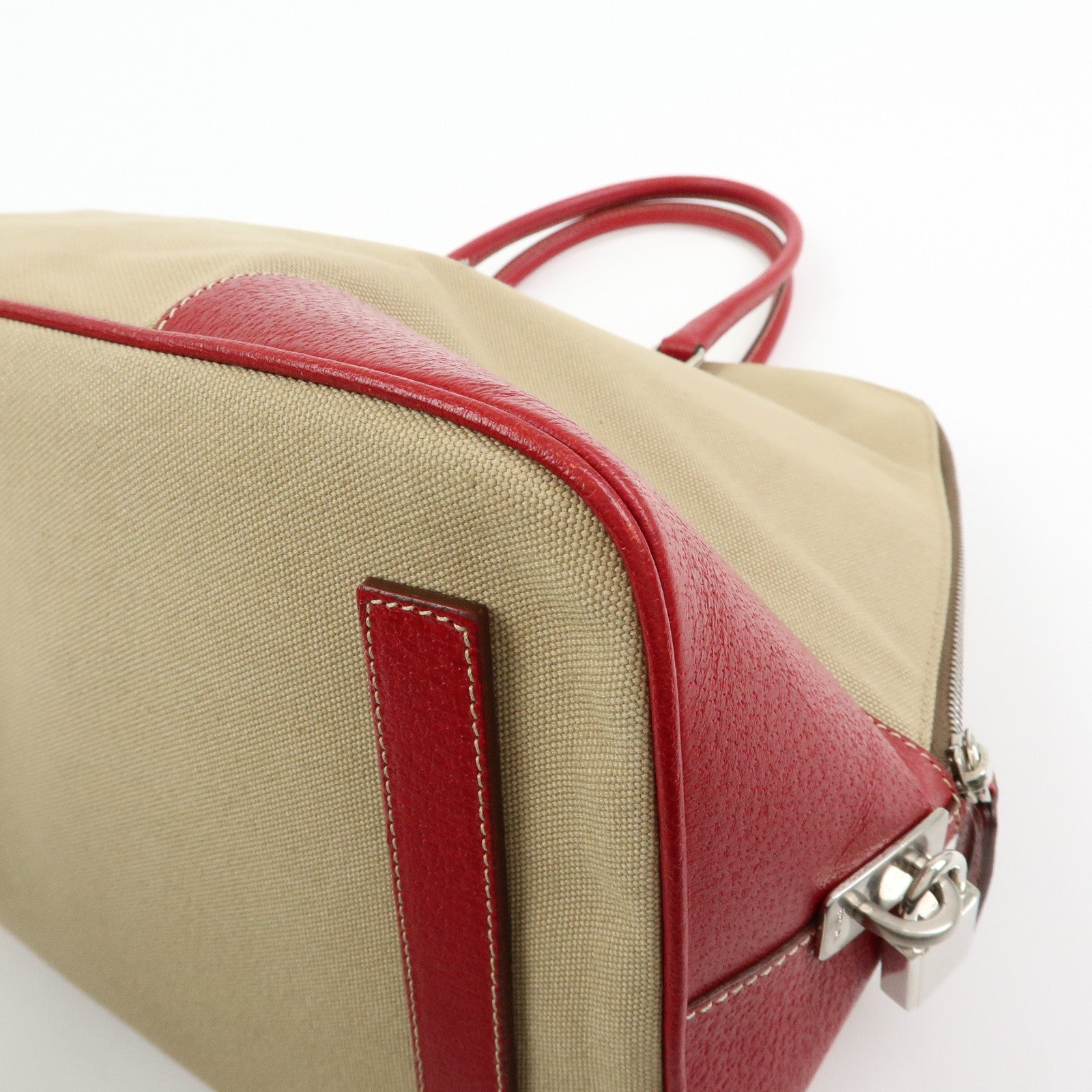 PRADA Triangle Logo Canvas Leather Hand Bag Beige Red