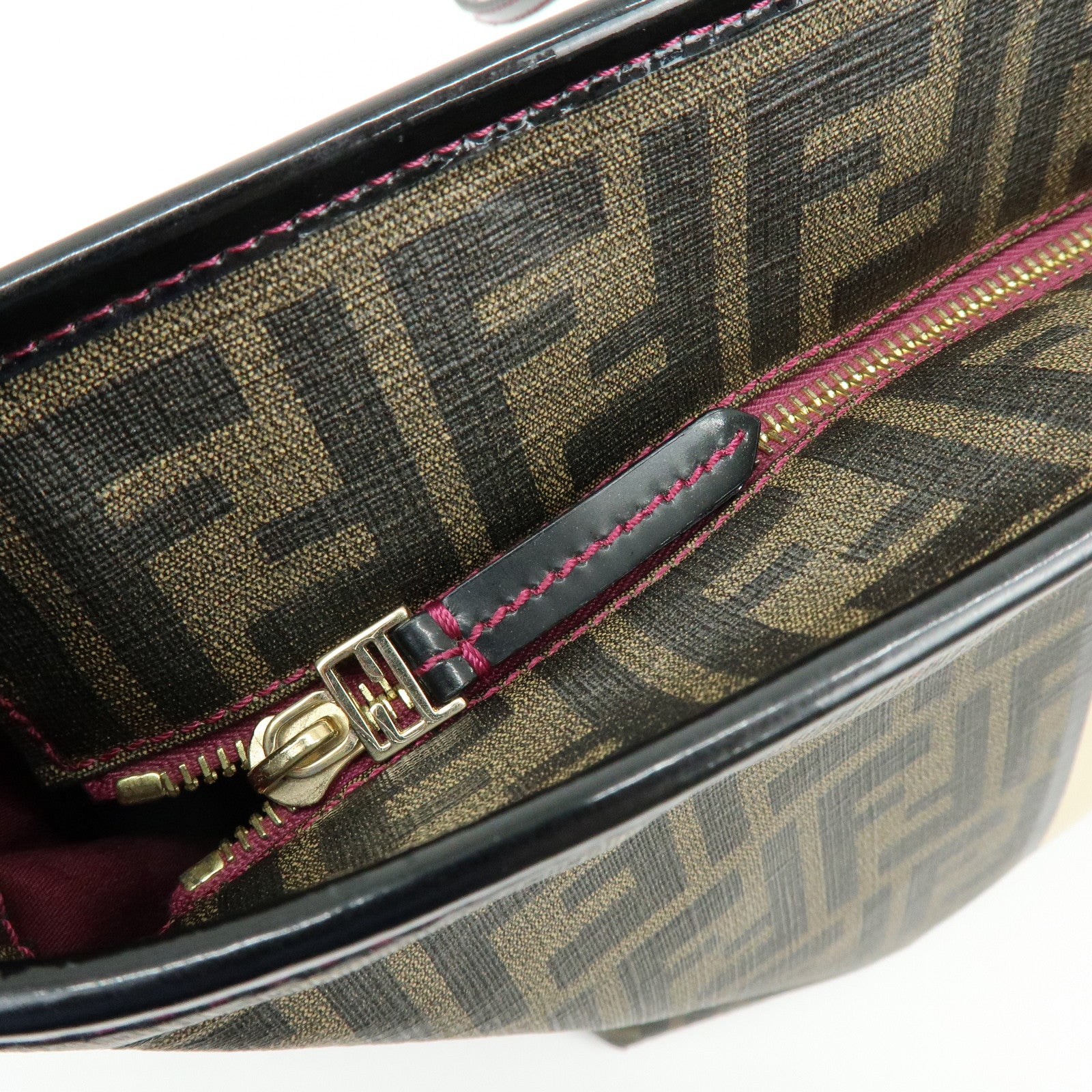 FENDI Zucca PVC Leather Ladybug Tote Shoulder Bag Brown Red 8BH185