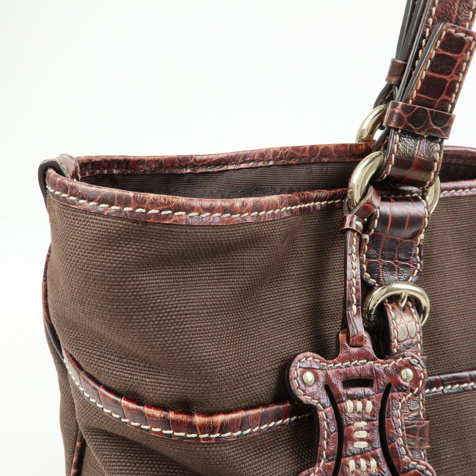CELINE Logo Canvas Embossed Leather Tote Bag Hand Bag Brown