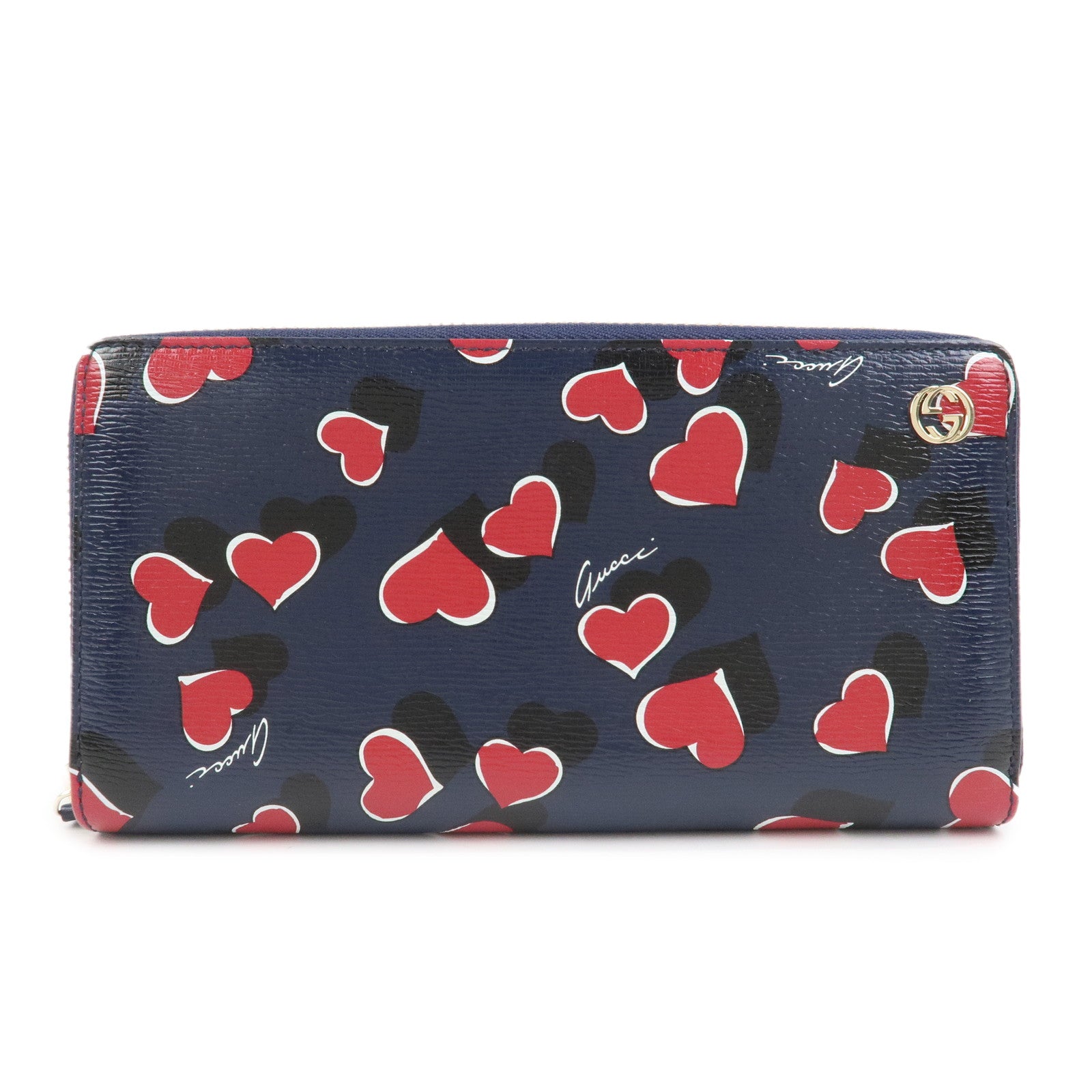 GUCCI Interlocking G Round Zippy Long Wallet Heart Navy 309705