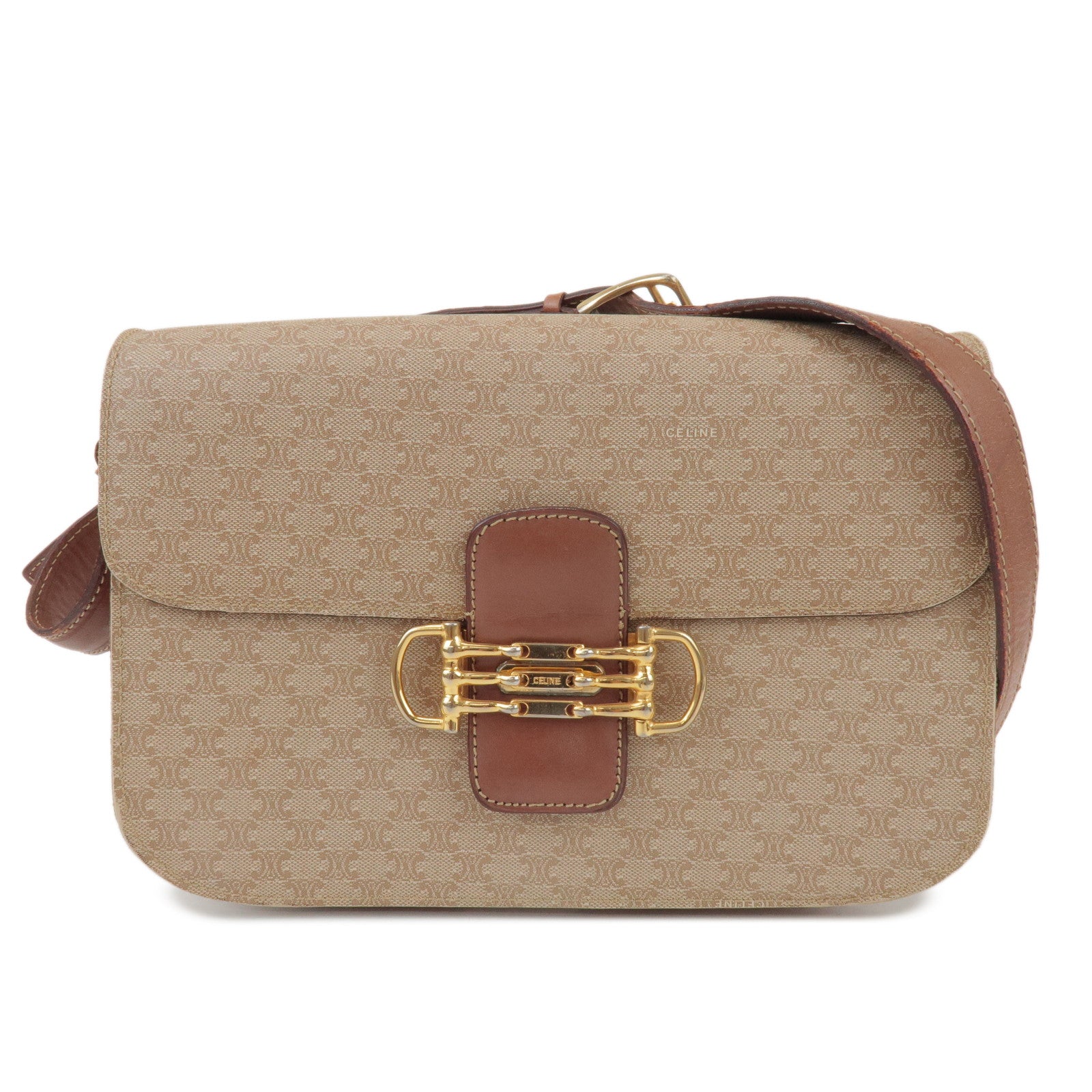 CELINE Macadam PVC Leather Shoulder Bag Beige Brown