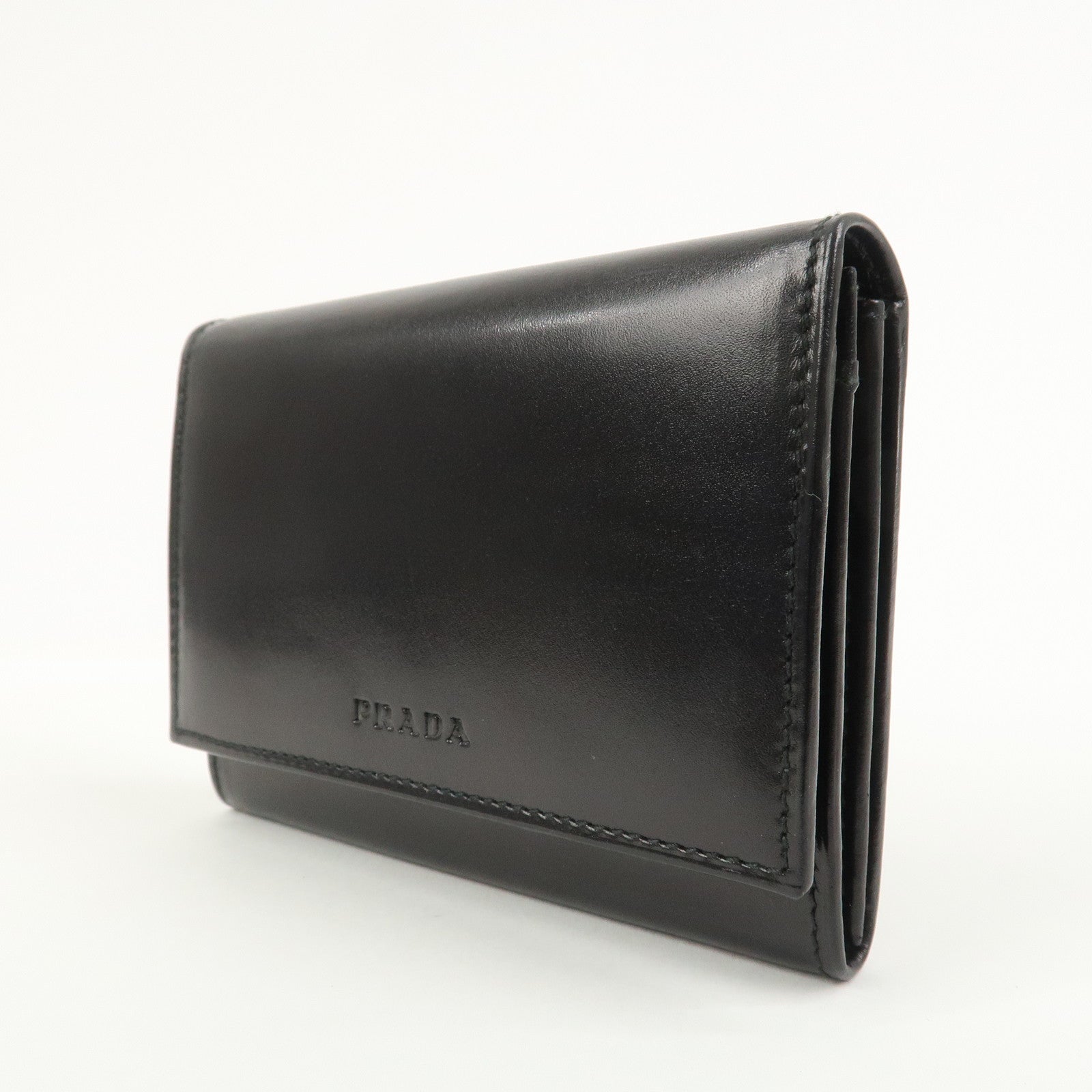 PRADA Logo Leather Compact Wallet Card Case Coin Case Black