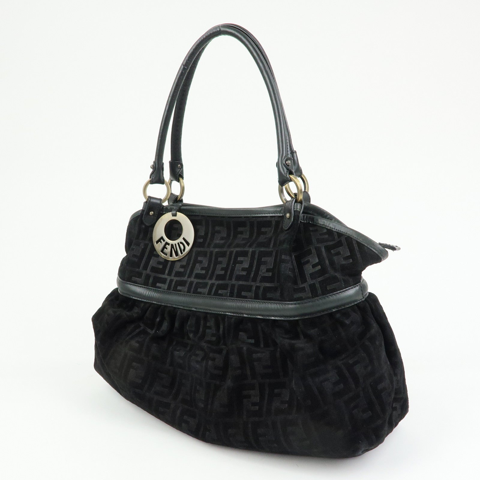 FENDI Zucca Suede Leather Gathered Shoulder Bag Black 8BH186