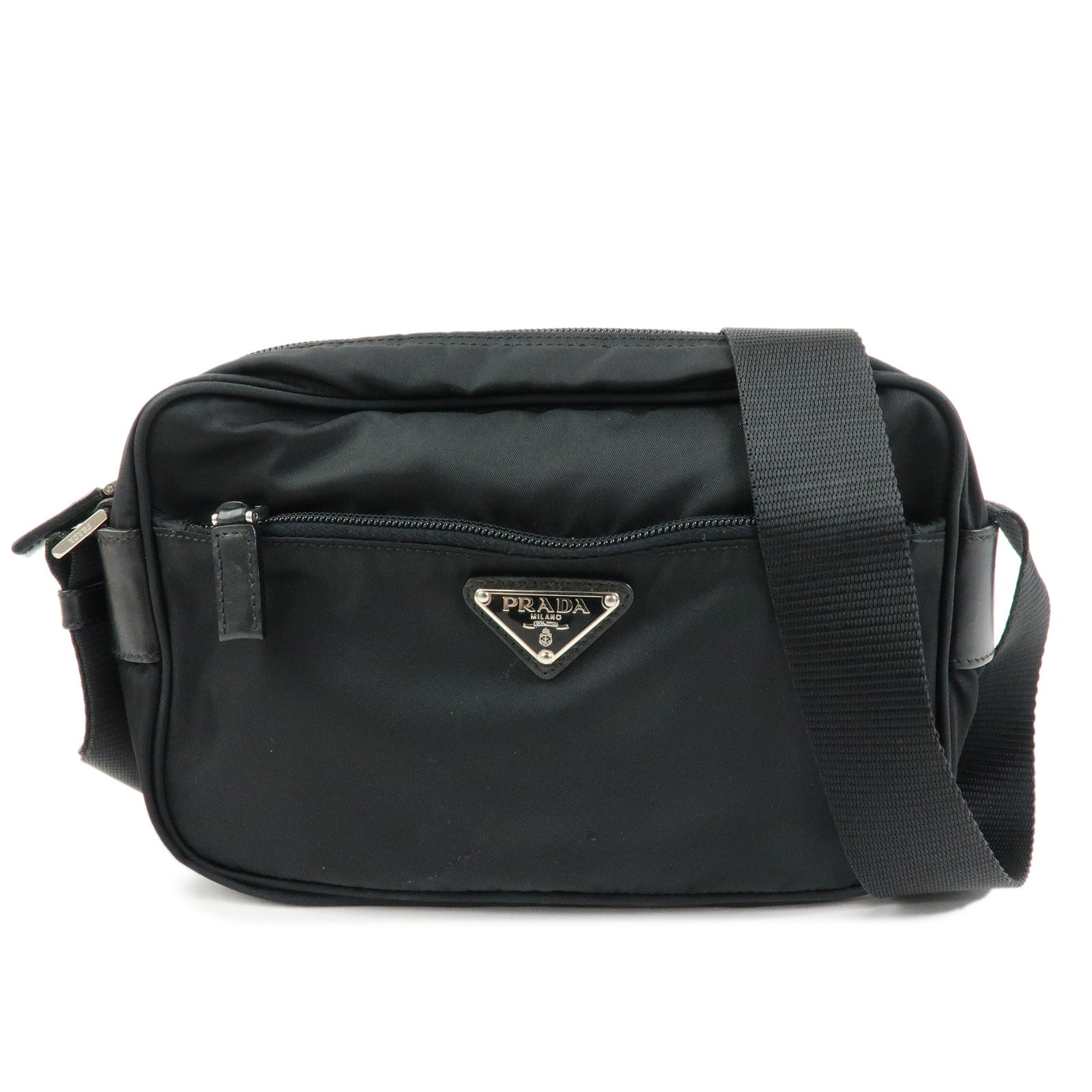 PRADA Triangle Logo Nylon Leather Shoulder Crossbody Bag Black